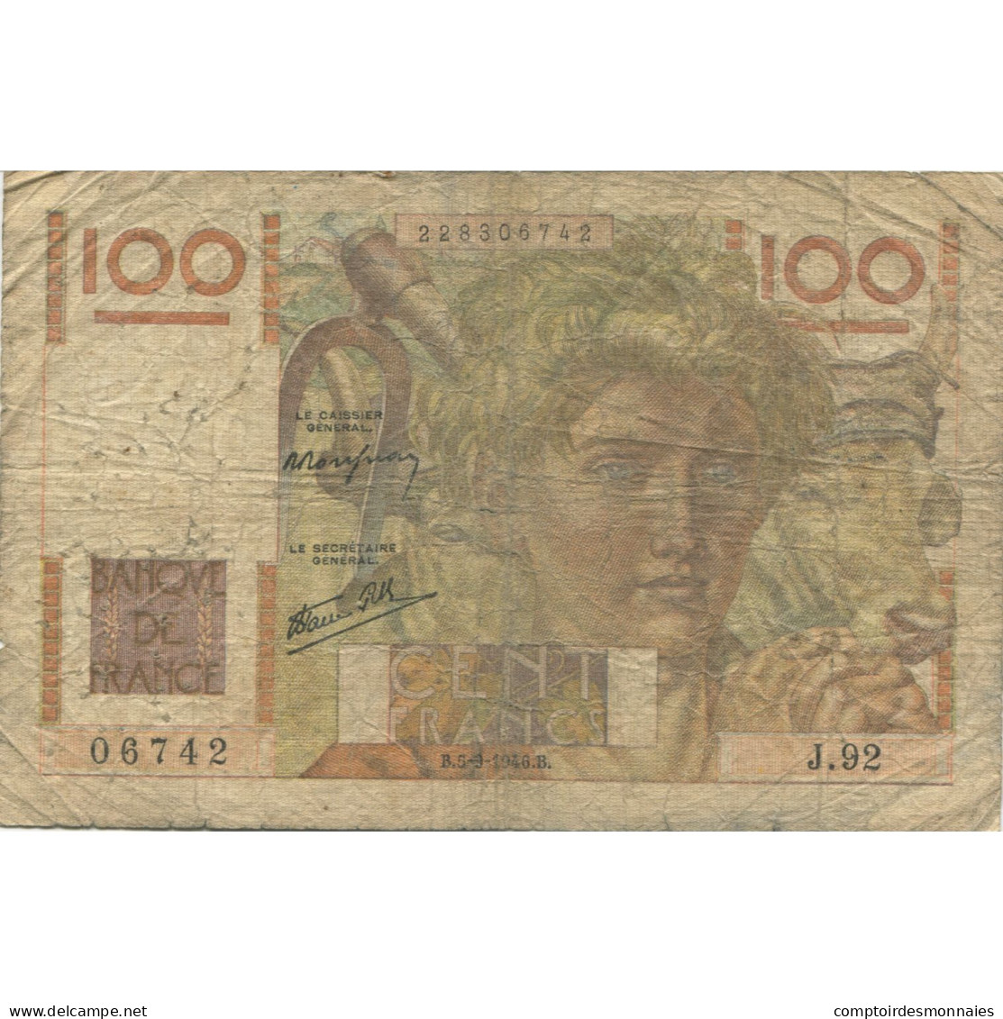 France, 100 Francs, Jeune Paysan, 1946, 1946-09-05, AB, Fayette:28.8, KM:128a - 100 F 1945-1954 ''Jeune Paysan''