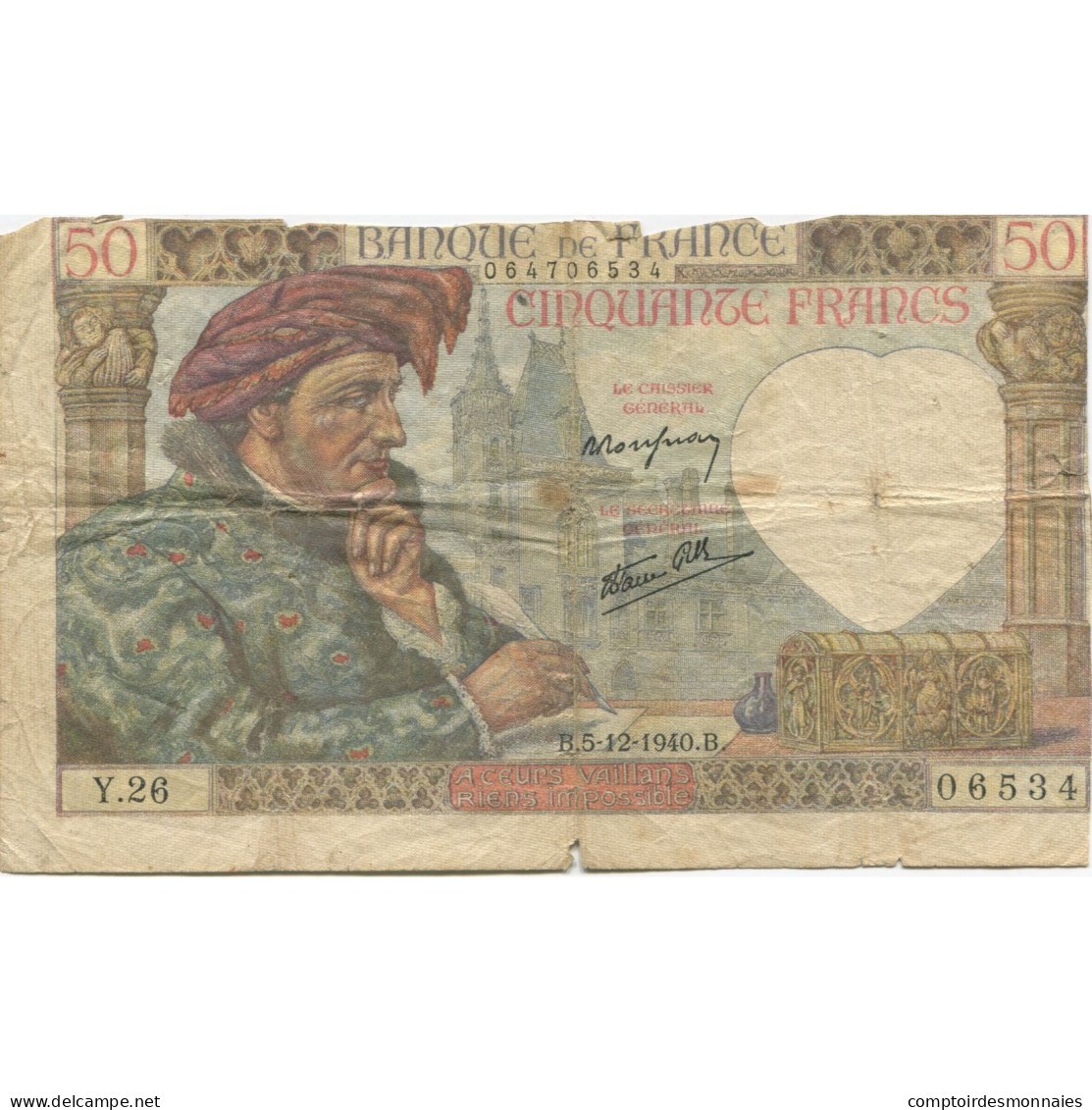 France, 50 Francs, Jacques Coeur, 1940, 1940-12-05, AB, Fayette:19.4, KM:93 - 50 F 1940-1942 ''Jacques Coeur''