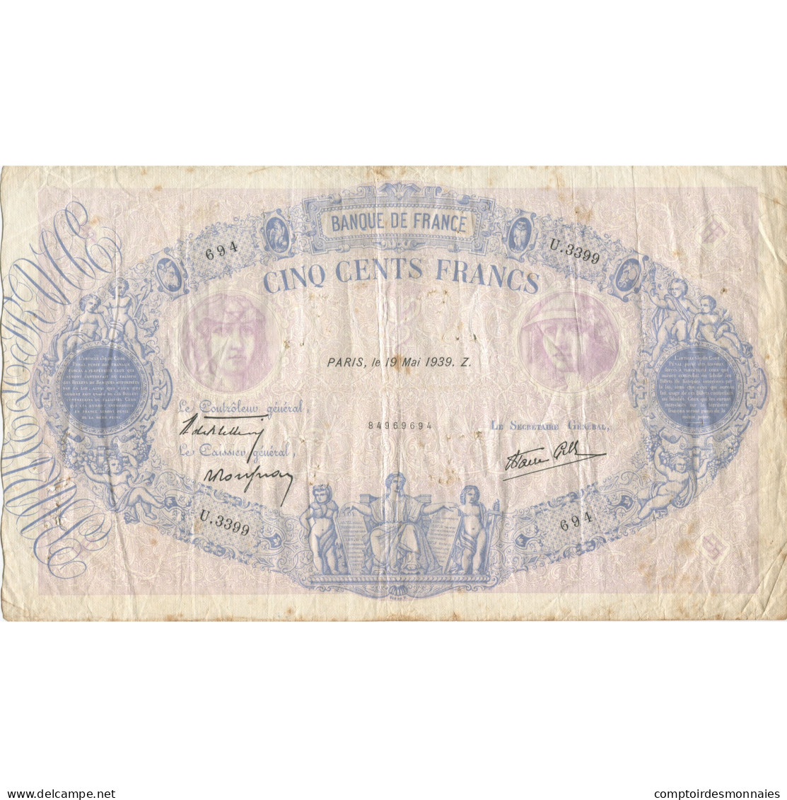 France, 500 Francs, Bleu Et Rose, 1939, 1939-05-19, TB, Fayette:31.33, KM:88c - 500 F 1888-1940 ''Bleu Et Rose''