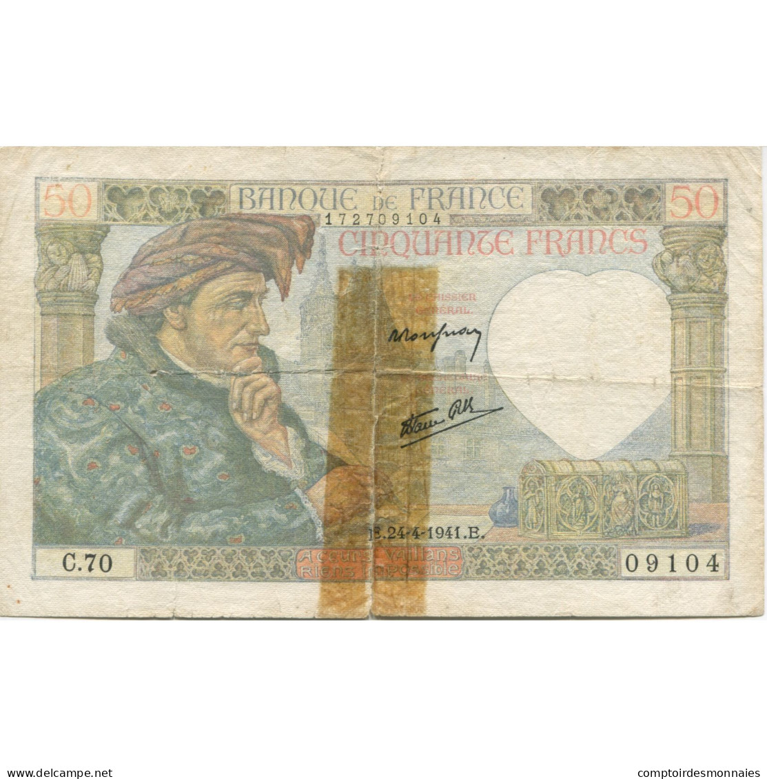 France, 50 Francs, Jacques Coeur, 1941, 1941-04-24, AB, Fayette:19.9, KM:93 - 50 F 1940-1942 ''Jacques Coeur''