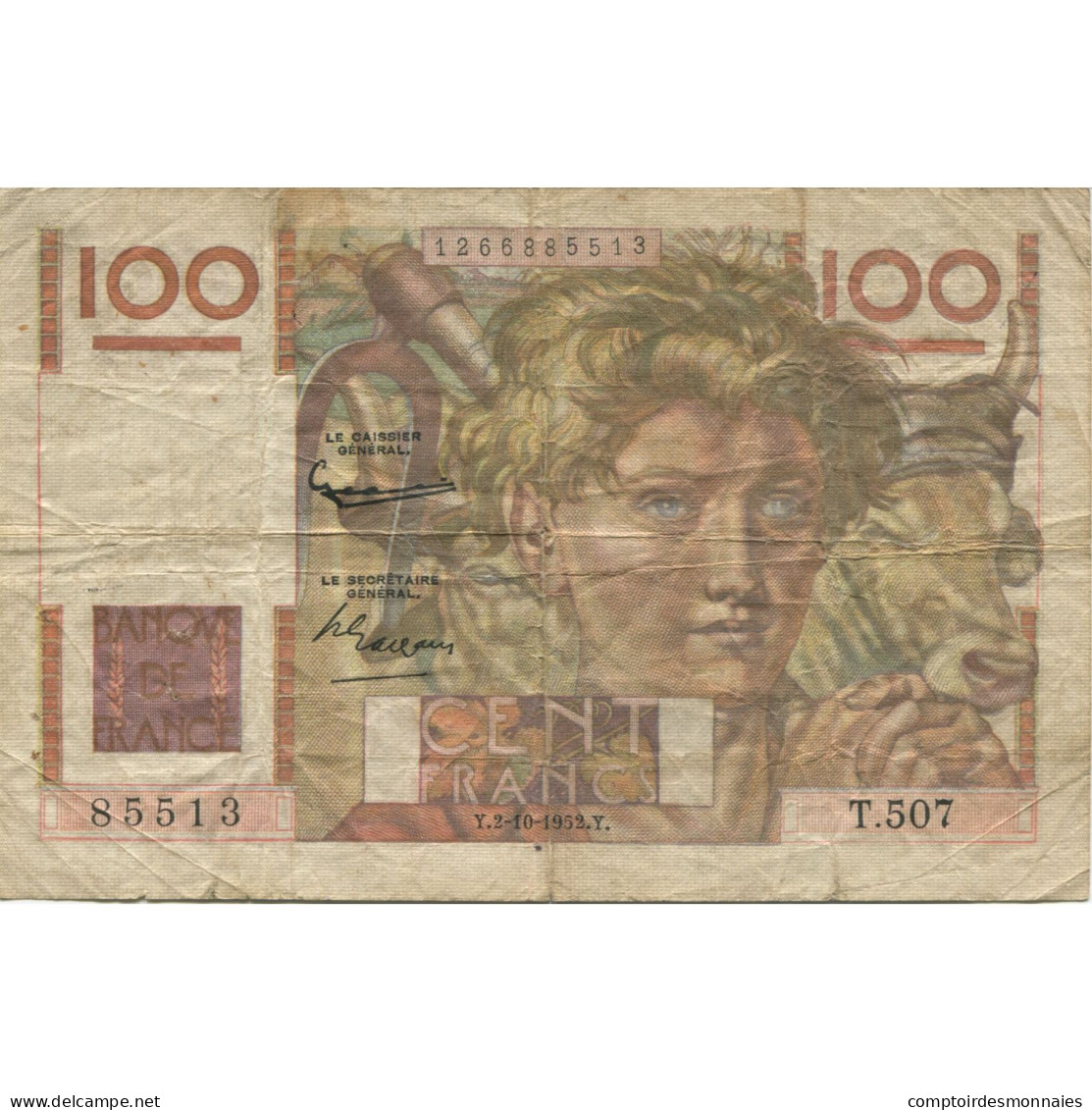 France, 100 Francs, Jeune Paysan, 1952, 1952-10-02, AB, Fayette:28.34, KM:128d - 100 F 1945-1954 ''Jeune Paysan''