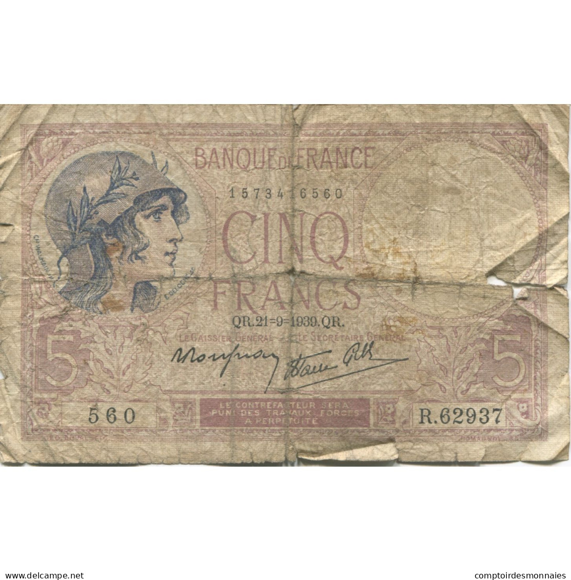 France, 5 Francs, 1939, 1939-09-21, AB, Fayette:04.09, KM:83 - 5 F 1917-1940 ''Violet''