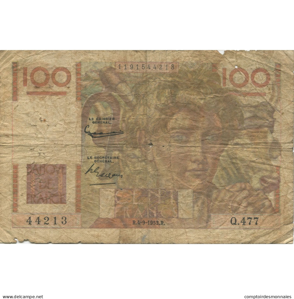 France, 100 Francs, Jeune Paysan, 1952, 1952-09-04, AB, Fayette:28.33, KM:128d - 100 F 1945-1954 ''Jeune Paysan''