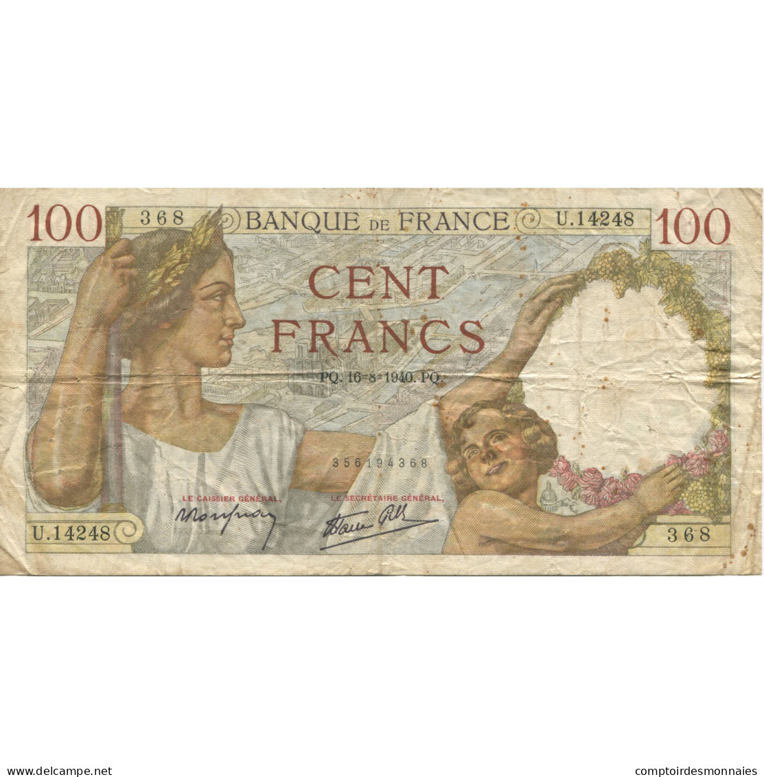 France, 100 Francs, Sully, 1940, 1940-08-16, B, Fayette:26.36, KM:94 - 100 F 1939-1942 ''Sully''