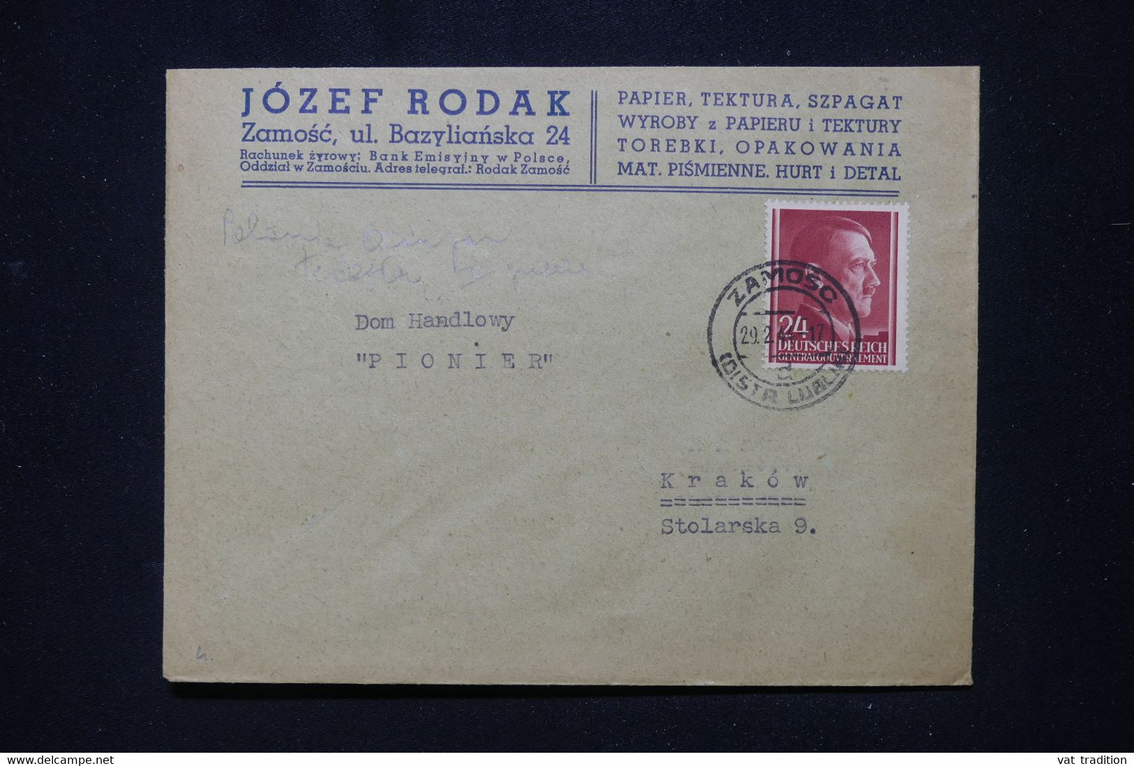 POLOGNE / ALLEMAGNE - Enveloppe Commerciale De Zamosc Pour Krakow En 1944  - L 112870 - General Government