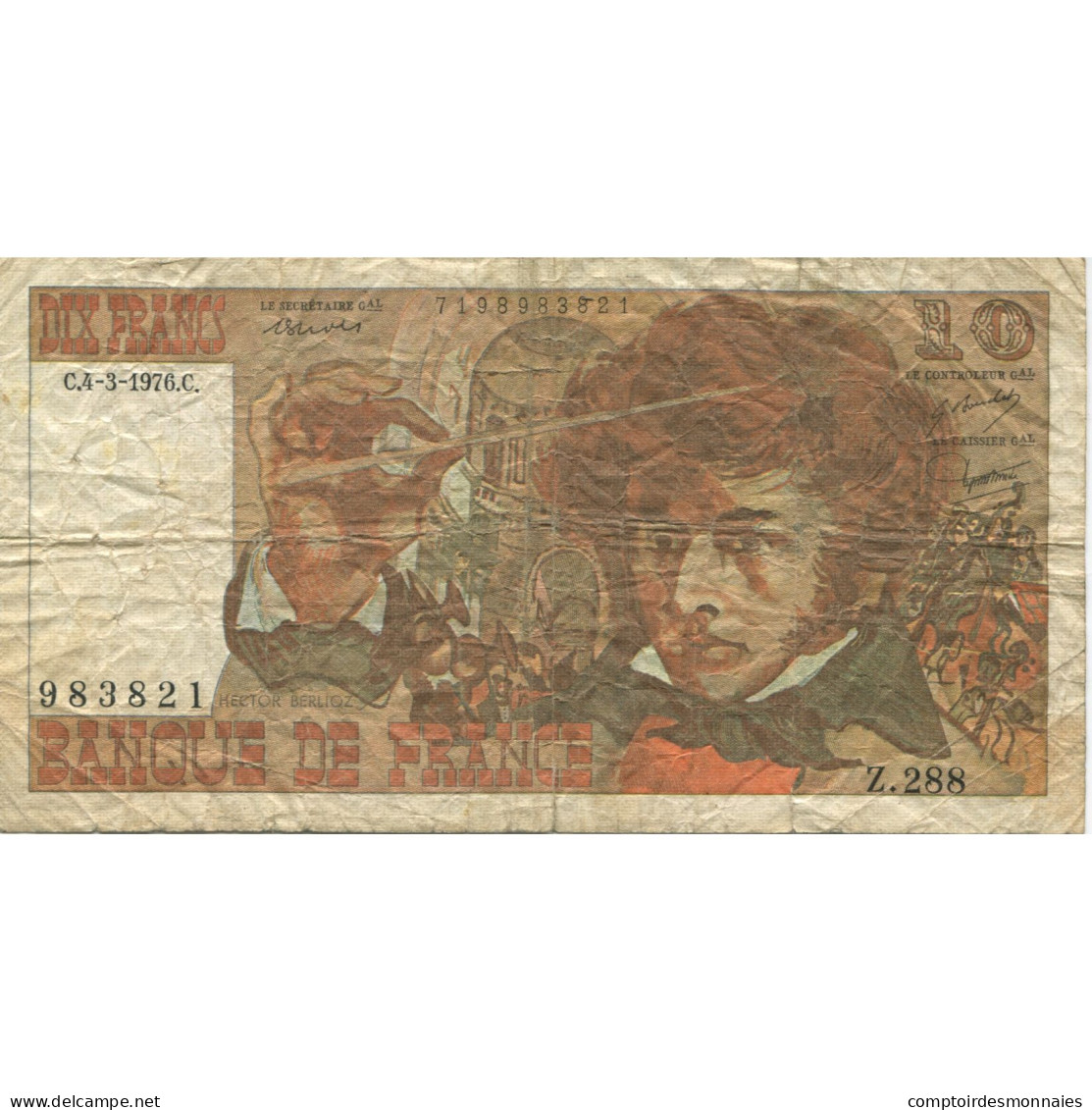 France, 10 Francs, Berlioz, 1976, 1976-03-04, B+, Fayette:63.18, KM:150c - 10 F 1972-1978 ''Berlioz''