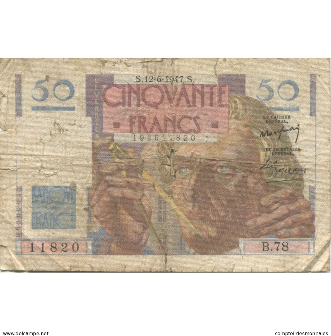 France, 50 Francs, Le Verrier, 1947, 1947-06-12, AB, Fayette:20.8, KM:127b - 50 F 1946-1951 ''Le Verrier''