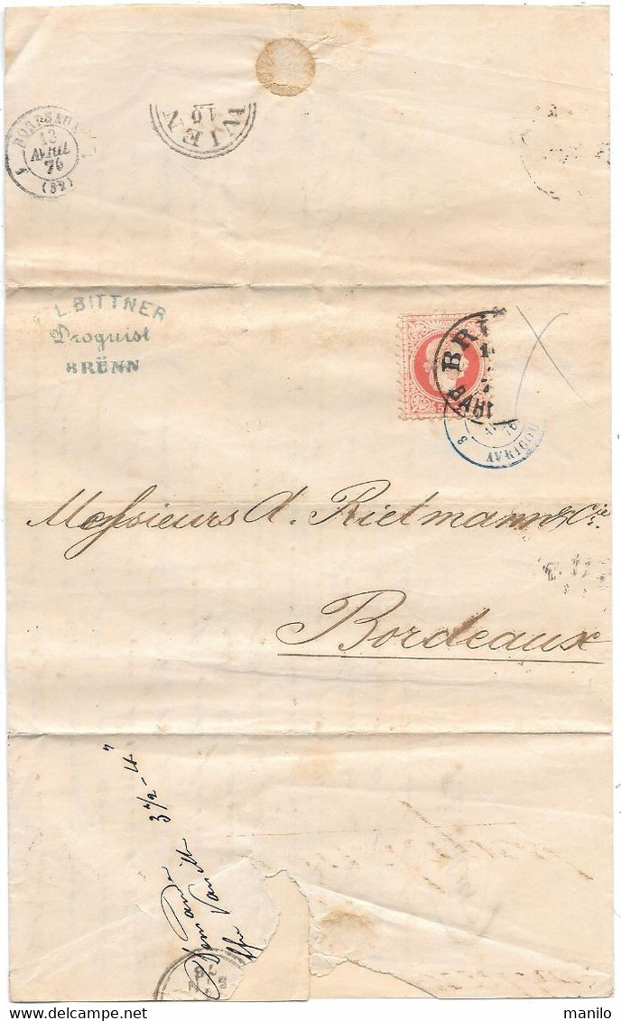 LAC 1876 Exp BITTNER à BRÜNN (AUTRICHE) Entrée Par ABRICOURT Pour RIETMANN BORDEAUX, Cad WIEN, BRÜNN, AVRICOURT, Vanille - Marques D'entrées