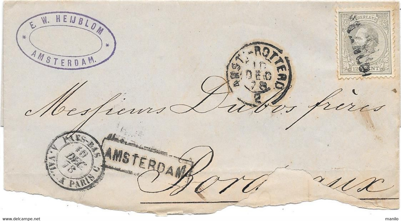 Griffe Linéaire S/ Timbre NEDERLAND 1878 Cad ENTREE PAYS-BAS à A.VAL A PARIS C +linéaire AMSTERDAM +ROTTERDAM S/Fragment - Entry Postmarks