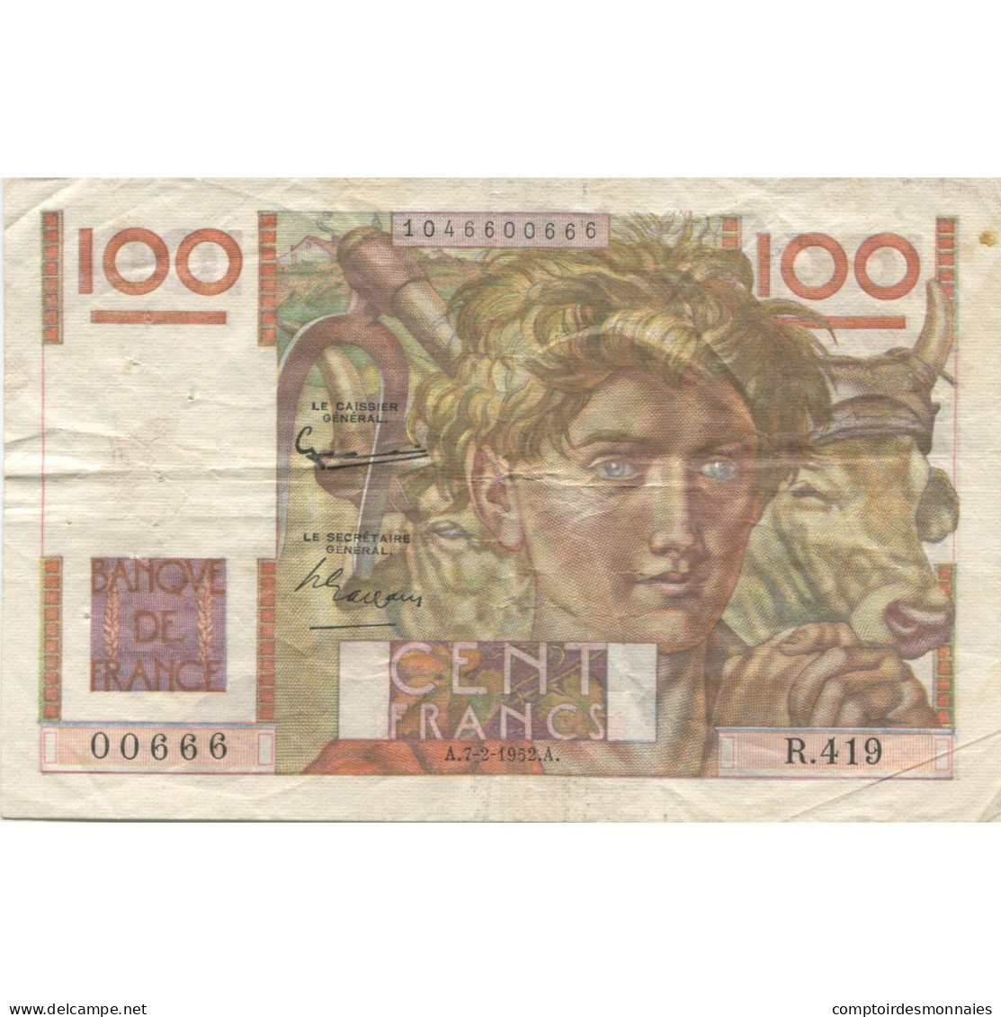 France, 100 Francs, Jeune Paysan, 1952, 1952-02-07, TB, Fayette:28.31, KM:128d - 100 F 1945-1954 ''Jeune Paysan''