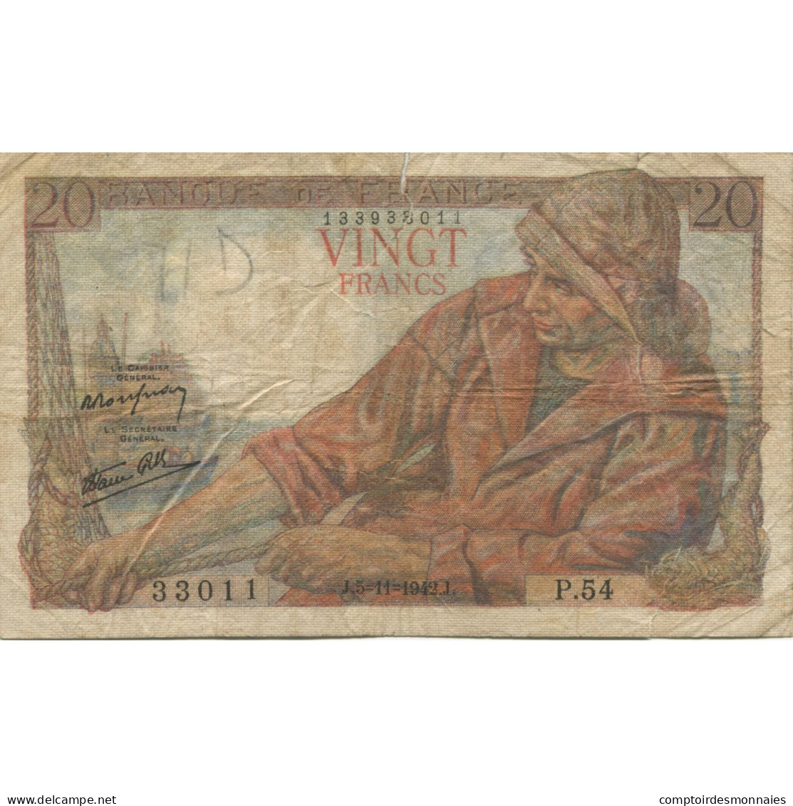 France, 20 Francs, Pêcheur, 1942, 1942-11-05, TB, Fayette:13.4, KM:100a - 20 F 1942-1950 ''Pêcheur''