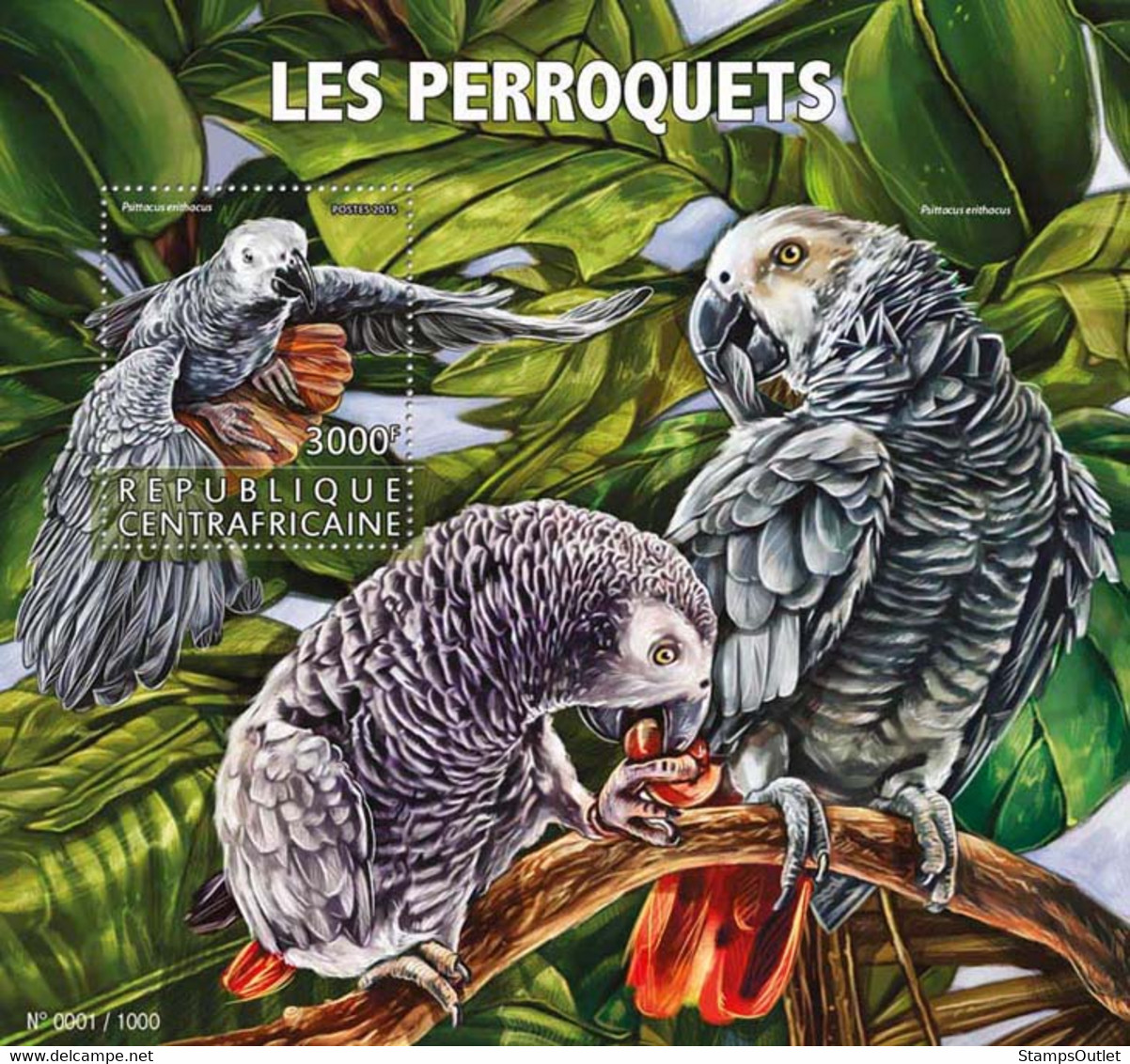 2015 CENTRAL AFRICAN REP. MNH.  PARROTS   |  Yvert&Tellier Code: 912  |  Michel Code: 5919 / Bl.1405 - Zentralafrik. Republik