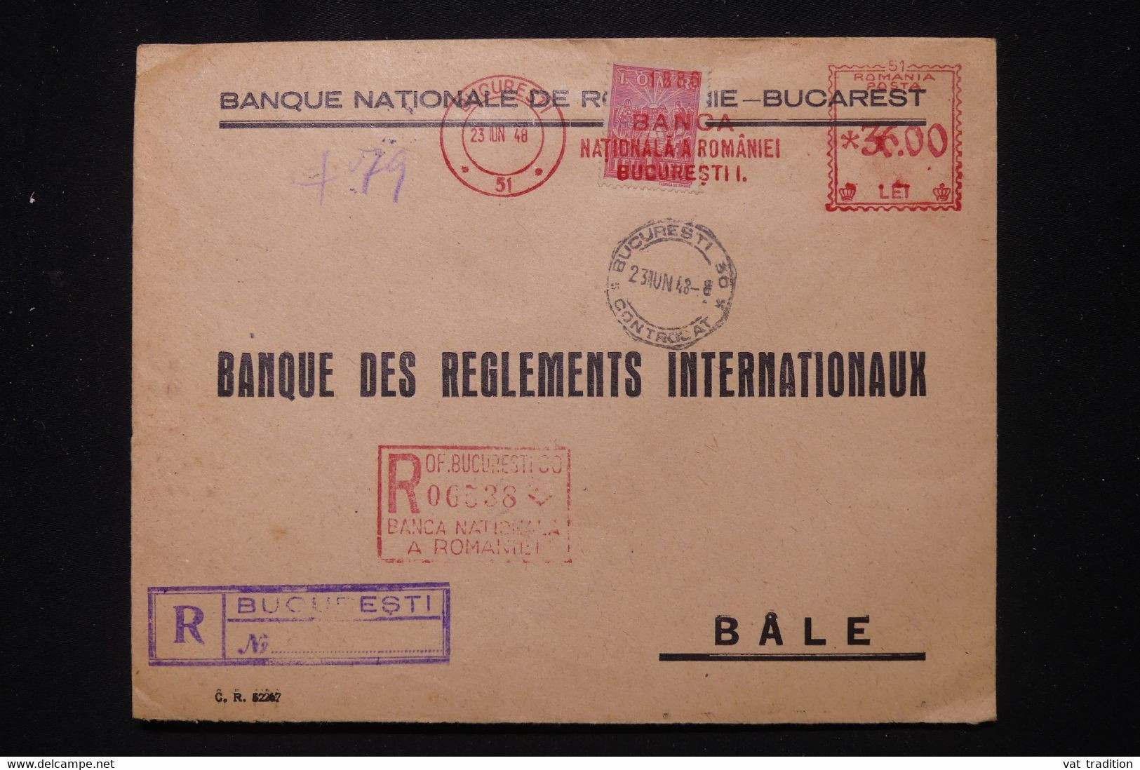 ROUMANIE - Enveloppe Commerciale De Bucarest Pour La Suisse En Recommandé En 1948, Affranchissement Mécanique - L 112889 - Storia Postale