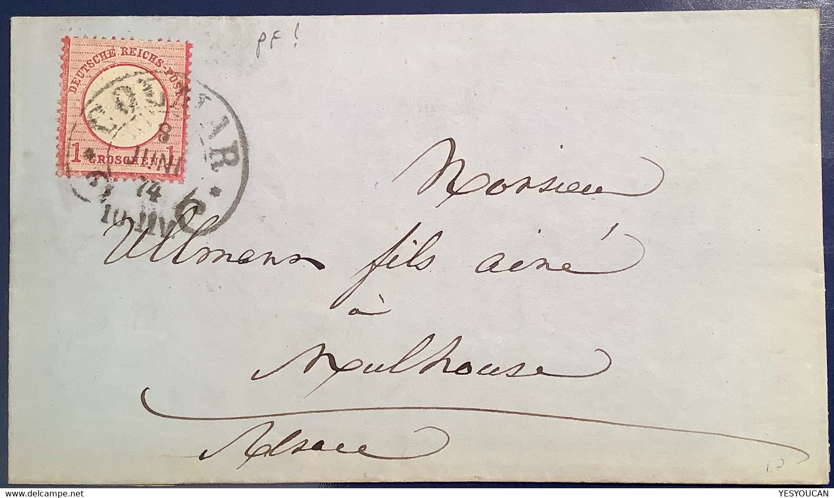 Grosses Brustschild Mi.19 PLATTENFEHLER"gebrochener Innenkreis"Hufeisenstempel COLMAR1874 Brief>Alsace (lettre D.R - Cartas & Documentos