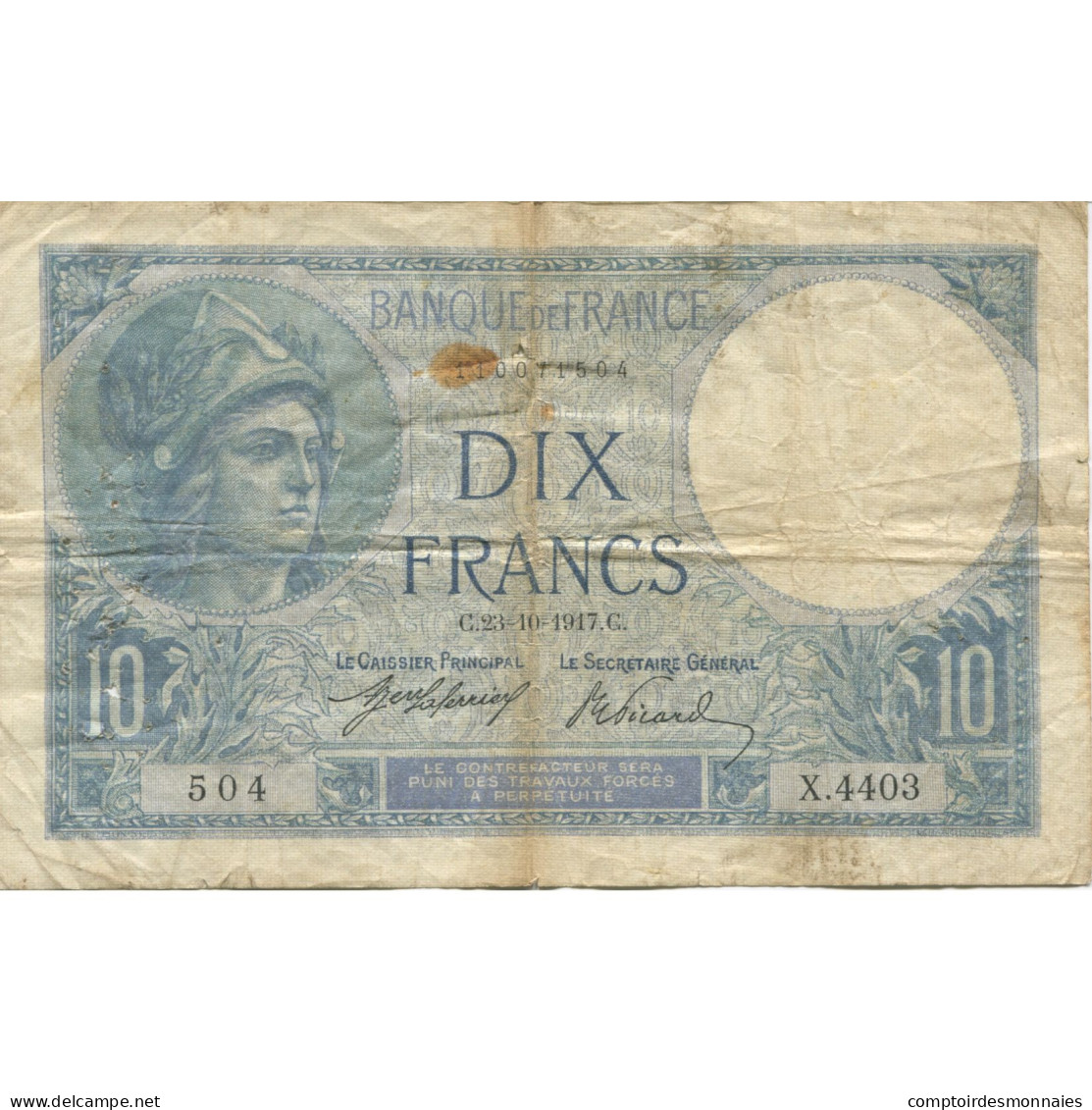 France, 10 Francs, Minerve, 1917, 1917-10-23, TB, Fayette:6.2, KM:73a - 10 F 1916-1942 ''Minerve''