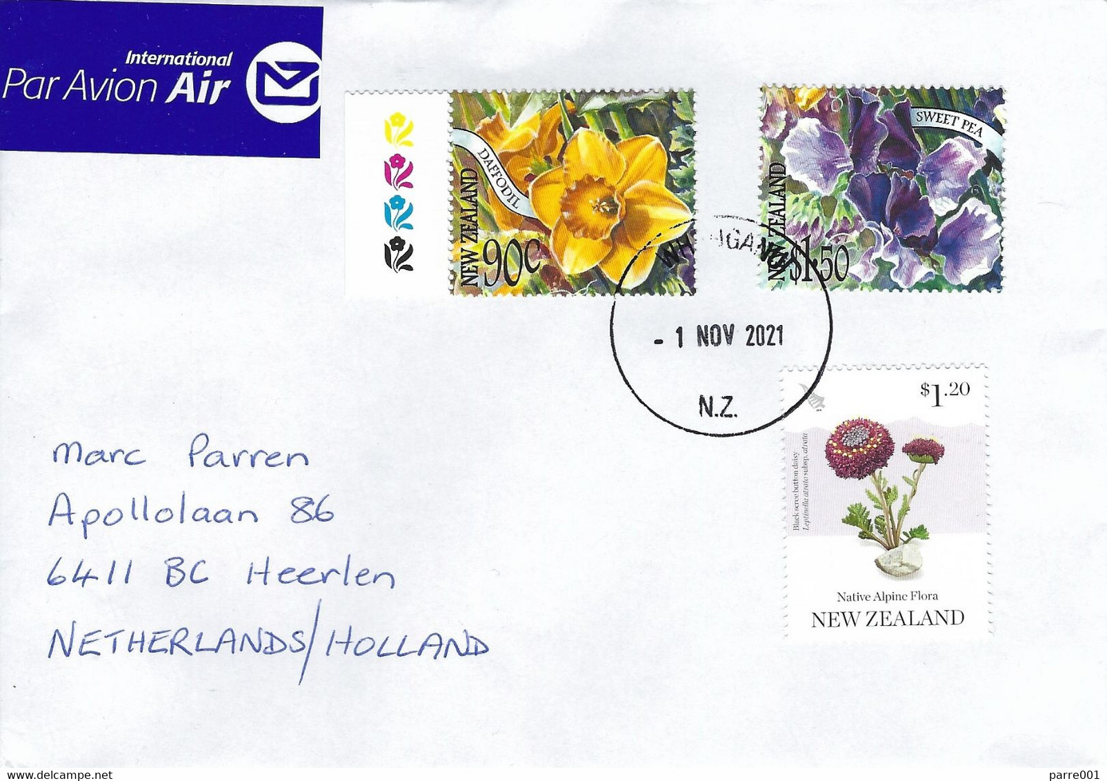 New Zealand 2021 Whanganui Sweet Pea Lathyrus Odoratus Daffodil Narcissus Pseudonarcissus Alpine Daisy Cover - Cartas & Documentos