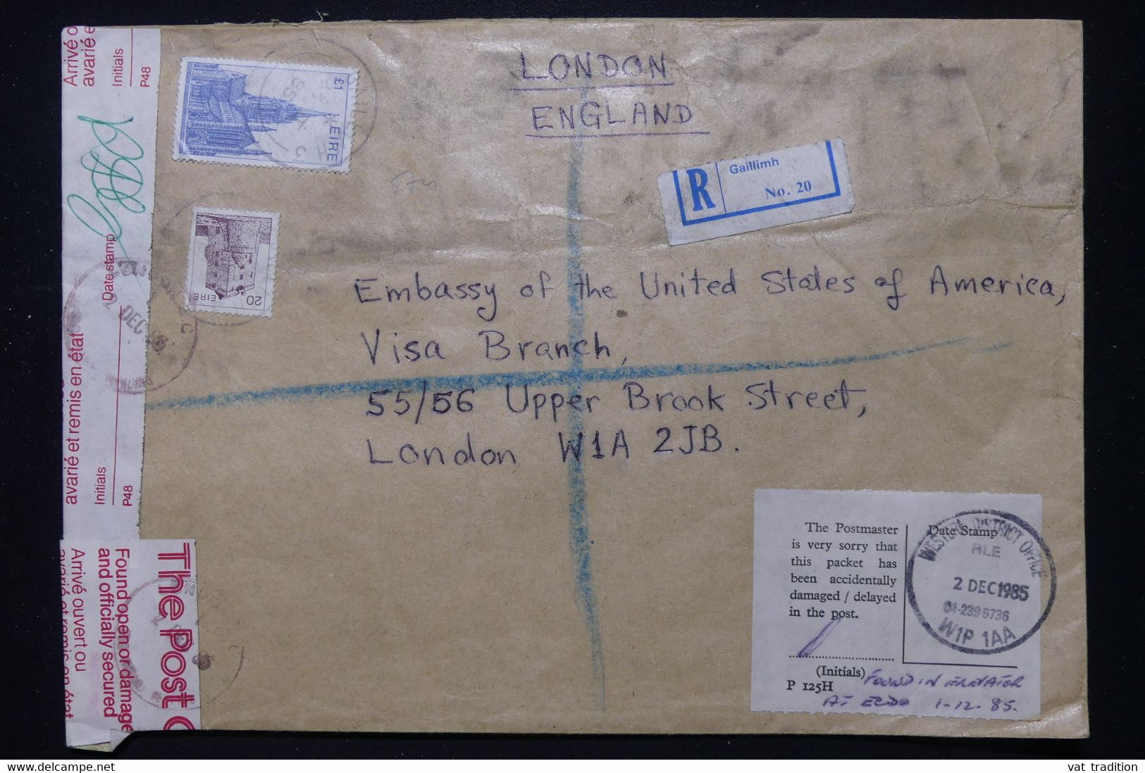 IRLANDE - Enveloppe En Recommandé De Gaillimh Pour Londres En 1985 Avec étiquette D'accident - L 112894 - Storia Postale