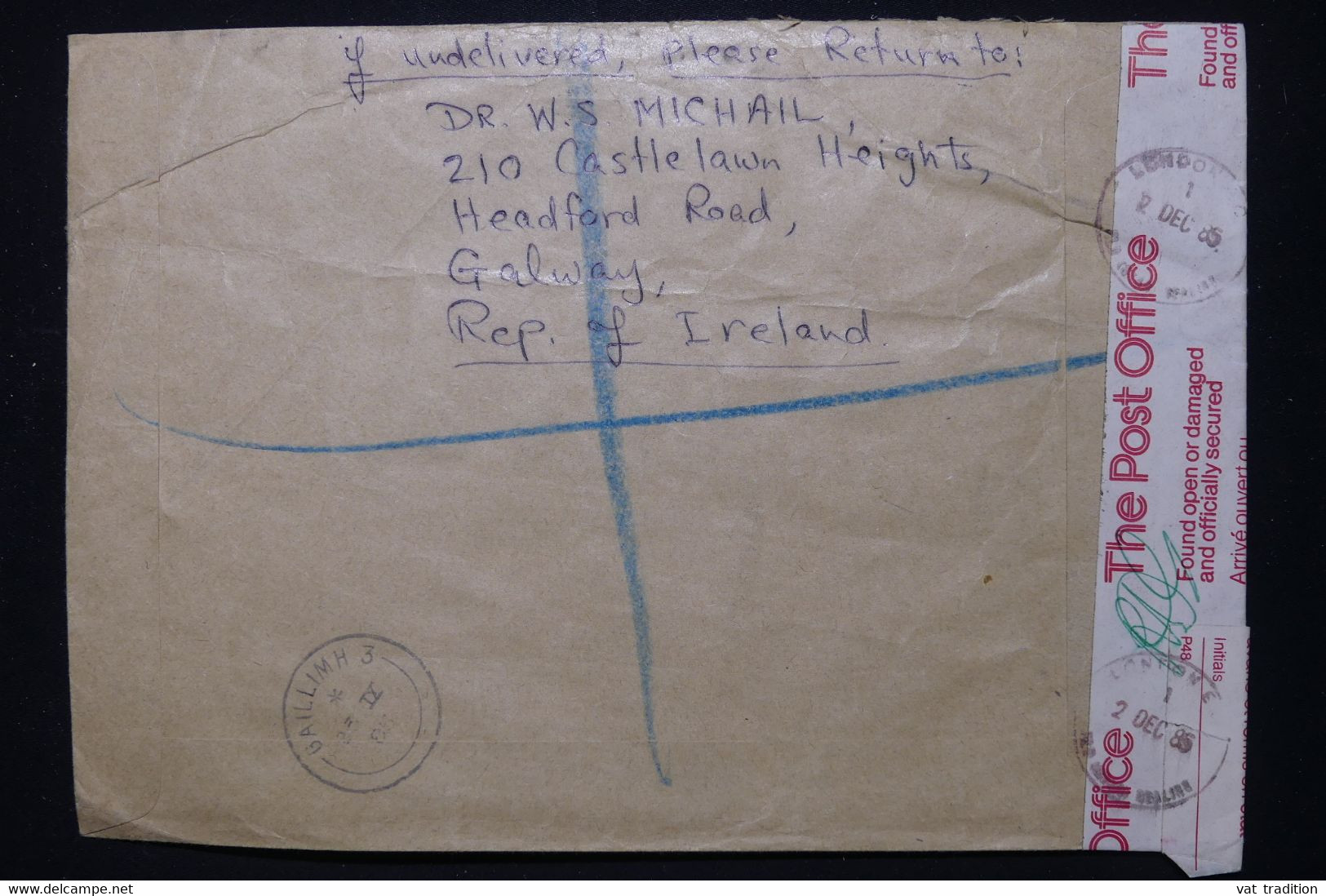 IRLANDE - Enveloppe En Recommandé De Gaillimh Pour Londres En 1985 Avec étiquette D'accident - L 112894 - Covers & Documents