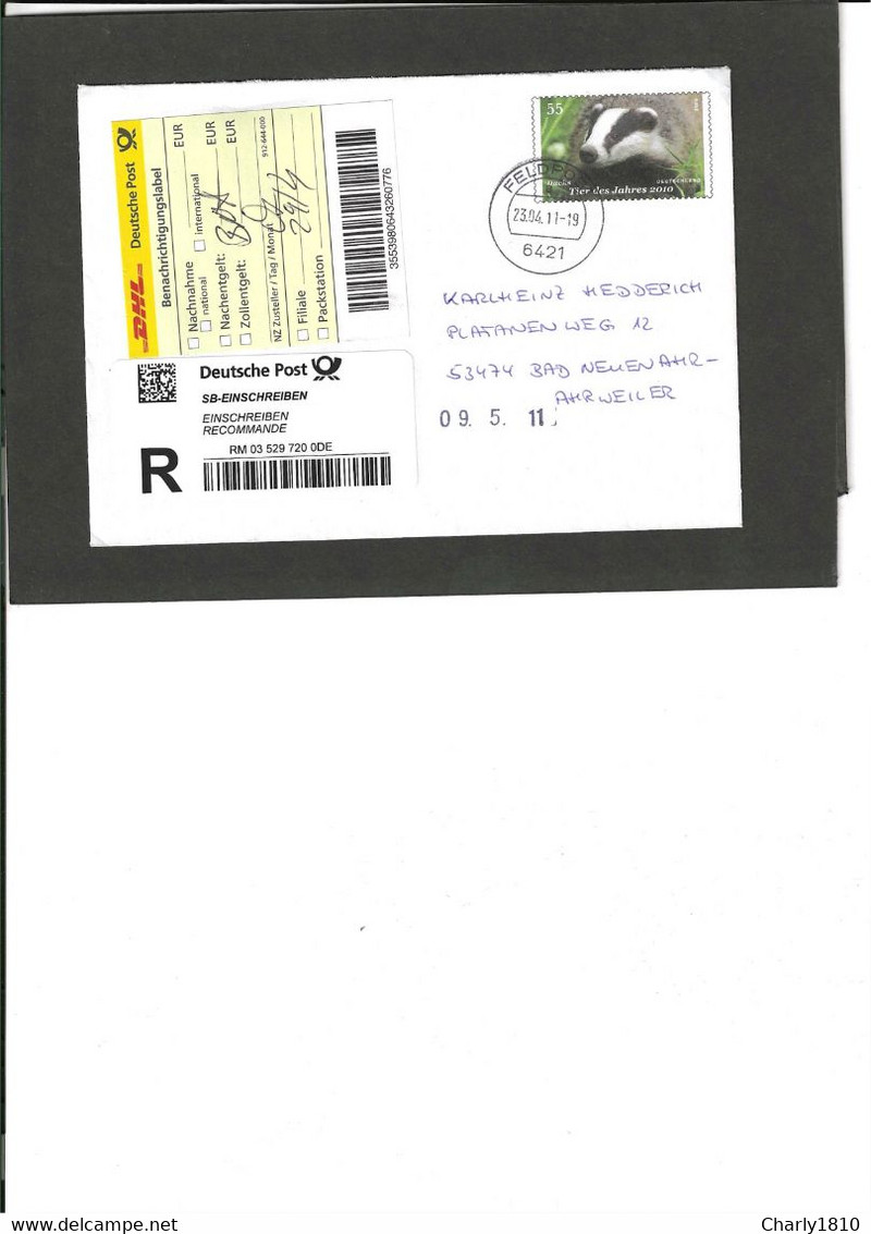 Ganzsache 55 Cent Dachs Mit SB-Einschreibenmarke Per Feldpost Einschließlich Des Übergabebeleges - Etiquettes 'Recommandé' & 'Valeur Déclarée'