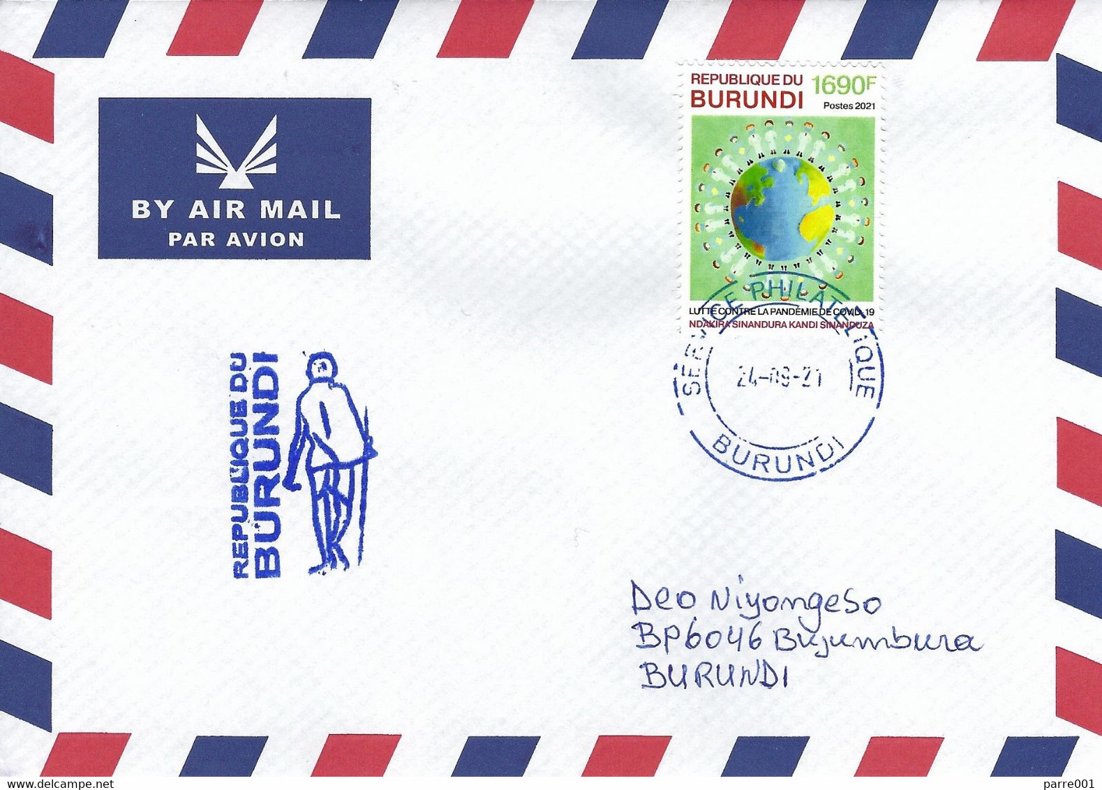 Burundi 2021 Bujumbura COVID-19 Corona Pandemic 1690f Gandhi Handstamp Cover - Emissions Communes