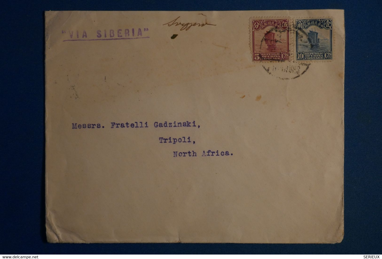 C CHINA  BELLE LETTRE VERY RARE 1919 SHANGHAI POUR TRIPOLI LYBIE AFRICA  VIA SIBERIA + AFFRANCHISSEMENT PLAISANT - 1912-1949 Republic