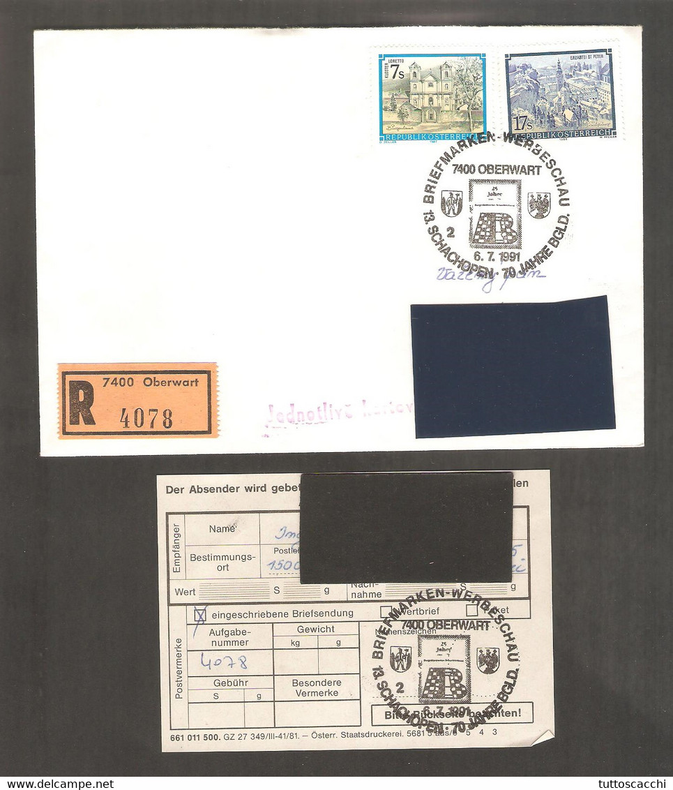 Austria 1991 Oberwart - Chess Cancel NUMBER 2 On Registered Envelope, With Receipt - Echecs
