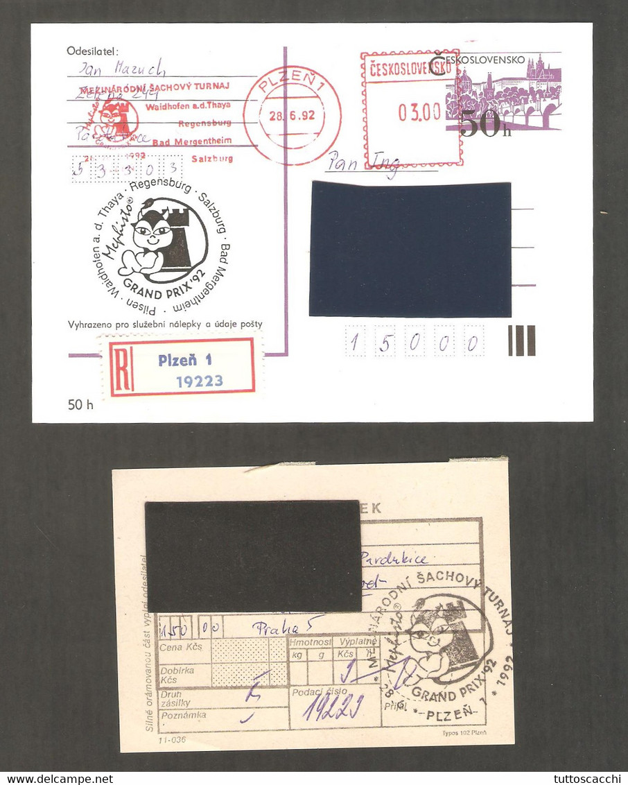 Czechoslovakia 1992 Pilsen - Chess RED METER On Postcard, Registered With Receipt - Echecs