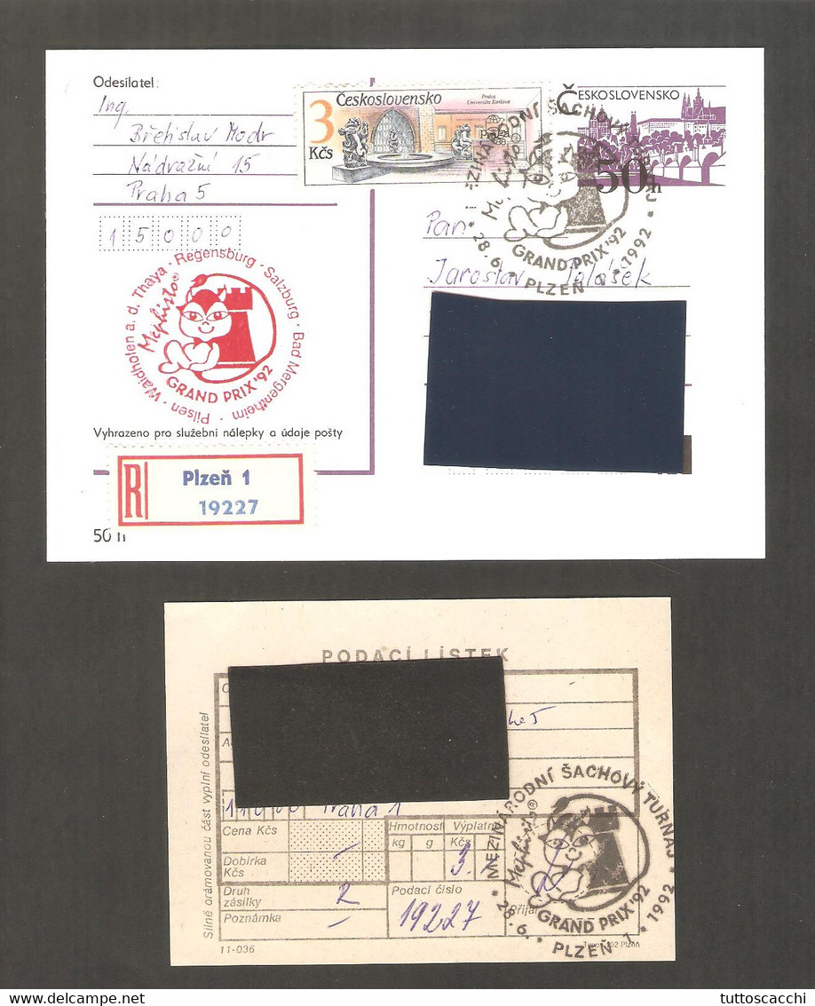 Czechoslovakia 1992 Pilsen - Chess Cancel Black And Red On Postcard, Registered With Receipt - Echecs