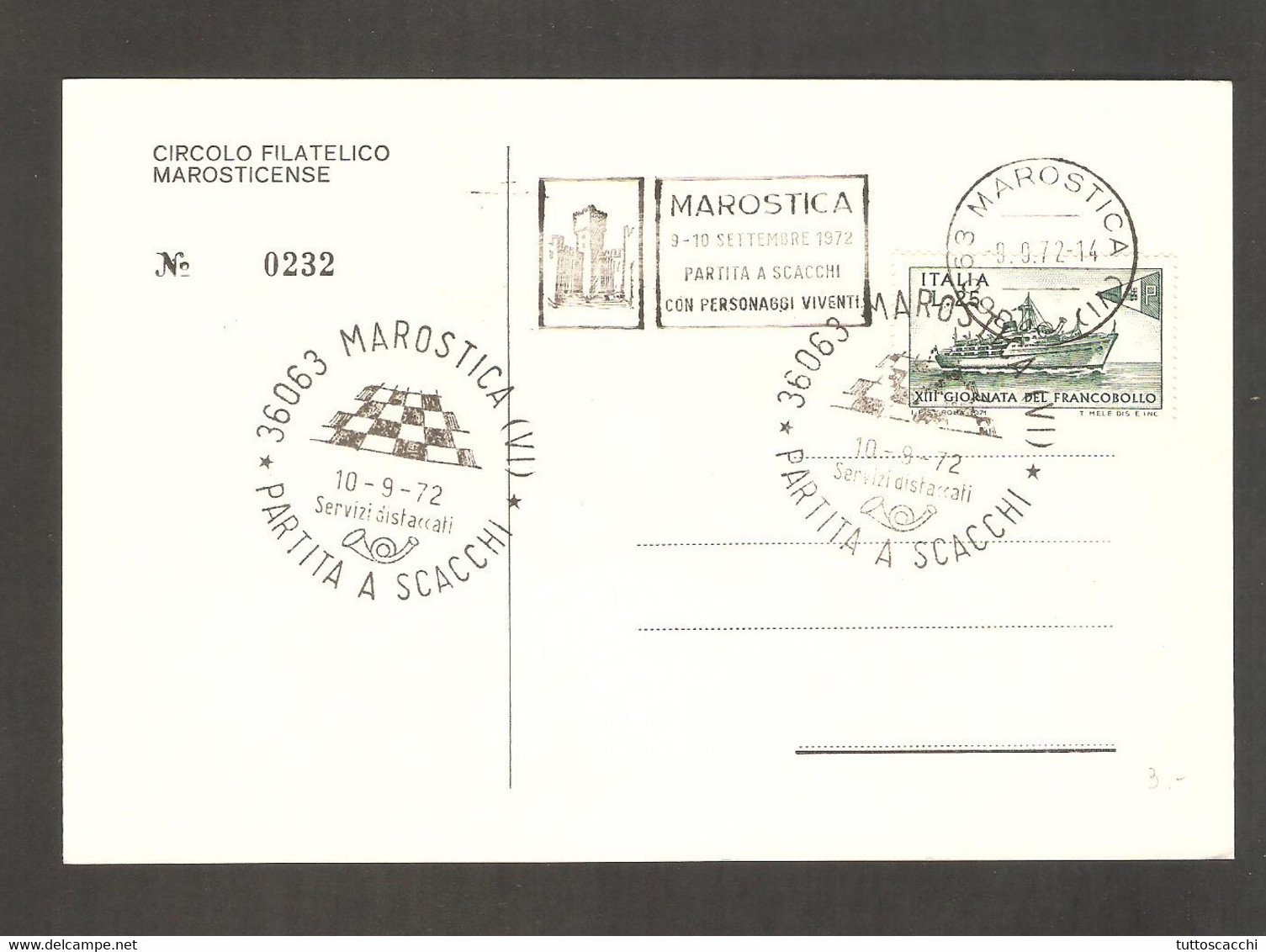 Italy 1972 Marostica - Chess Round And Meter Cancel On Commemorative Postcard - Echecs