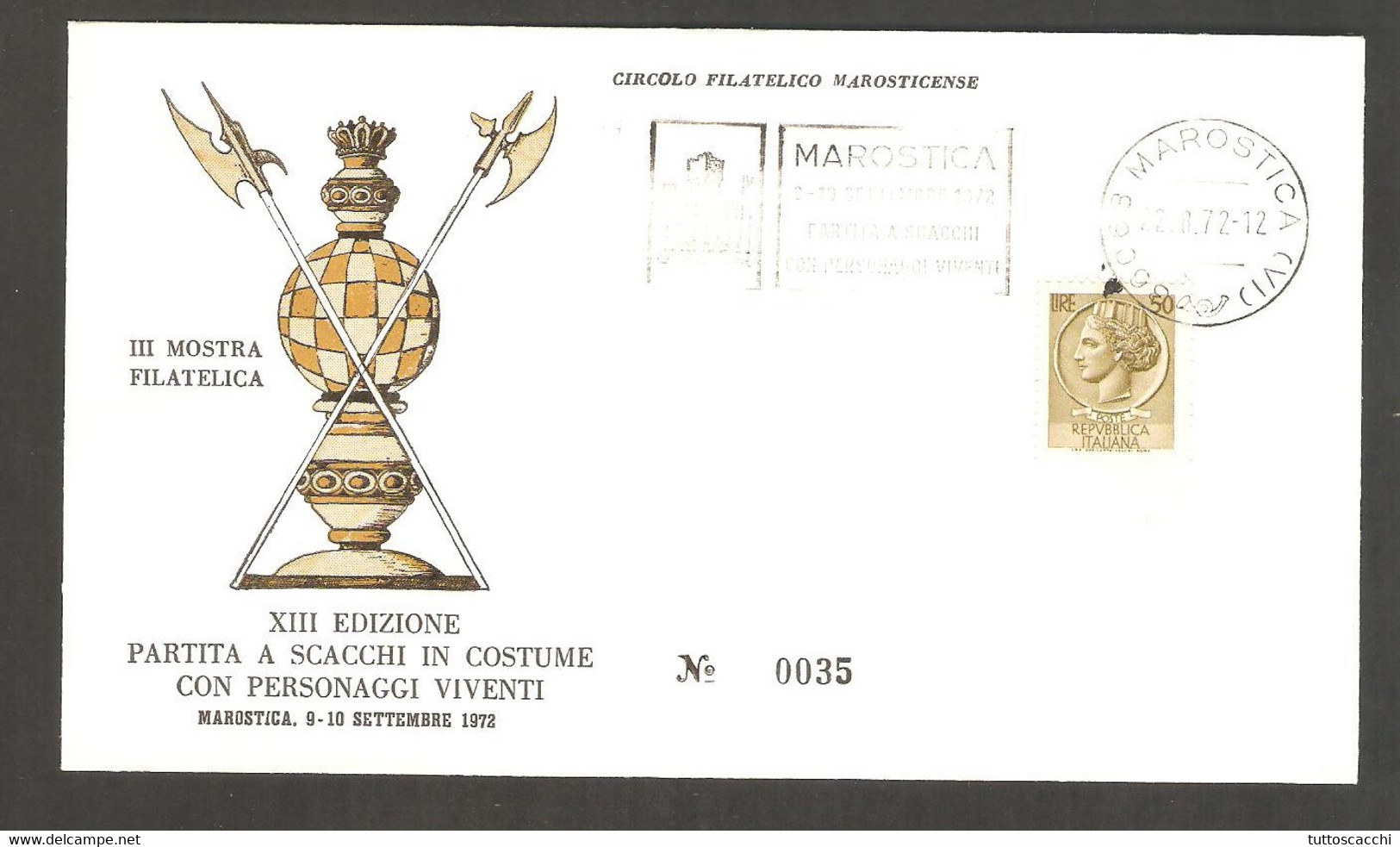 Italy 1972 Marostica - Chess Meter On Commemorative Envelope, Numbered - Echecs