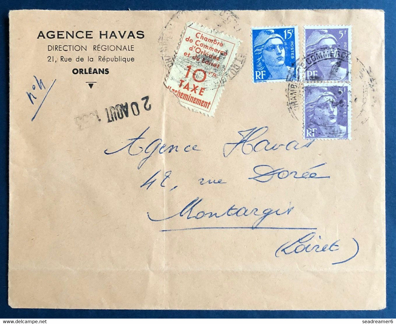 France Lettre Agence HAVAS Du 20 Aout 1953 D'Orleans Avec Marianne Et Timbre De Grève à 10 FR Jaune Pour MONTARGIS RR - Documentos