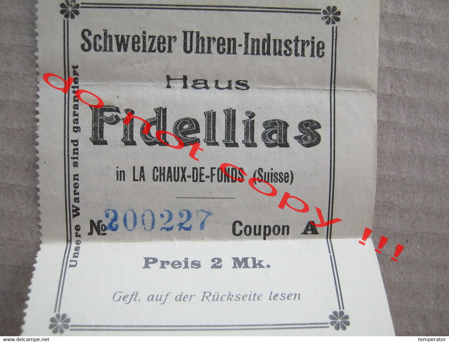 Old Coupons A B C / Swiss Watch Industry / Schweizer Uhren-Industrie - Haus Fidellias - Autres & Non Classés