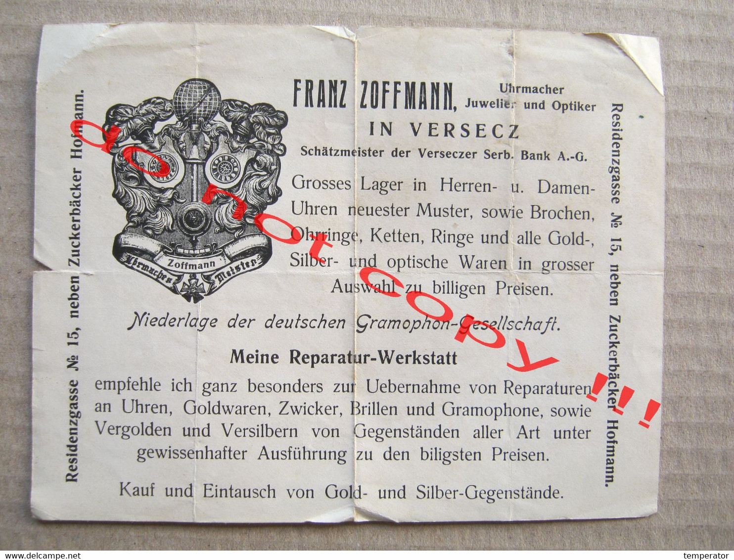 Advertising Mini Flyer For Watches ( 1910 ) FRANZ ZOFMANN / UHRMACHER, JUWELIER UND OPTIKER - Versecz, Vršac, Serbia - Autres & Non Classés