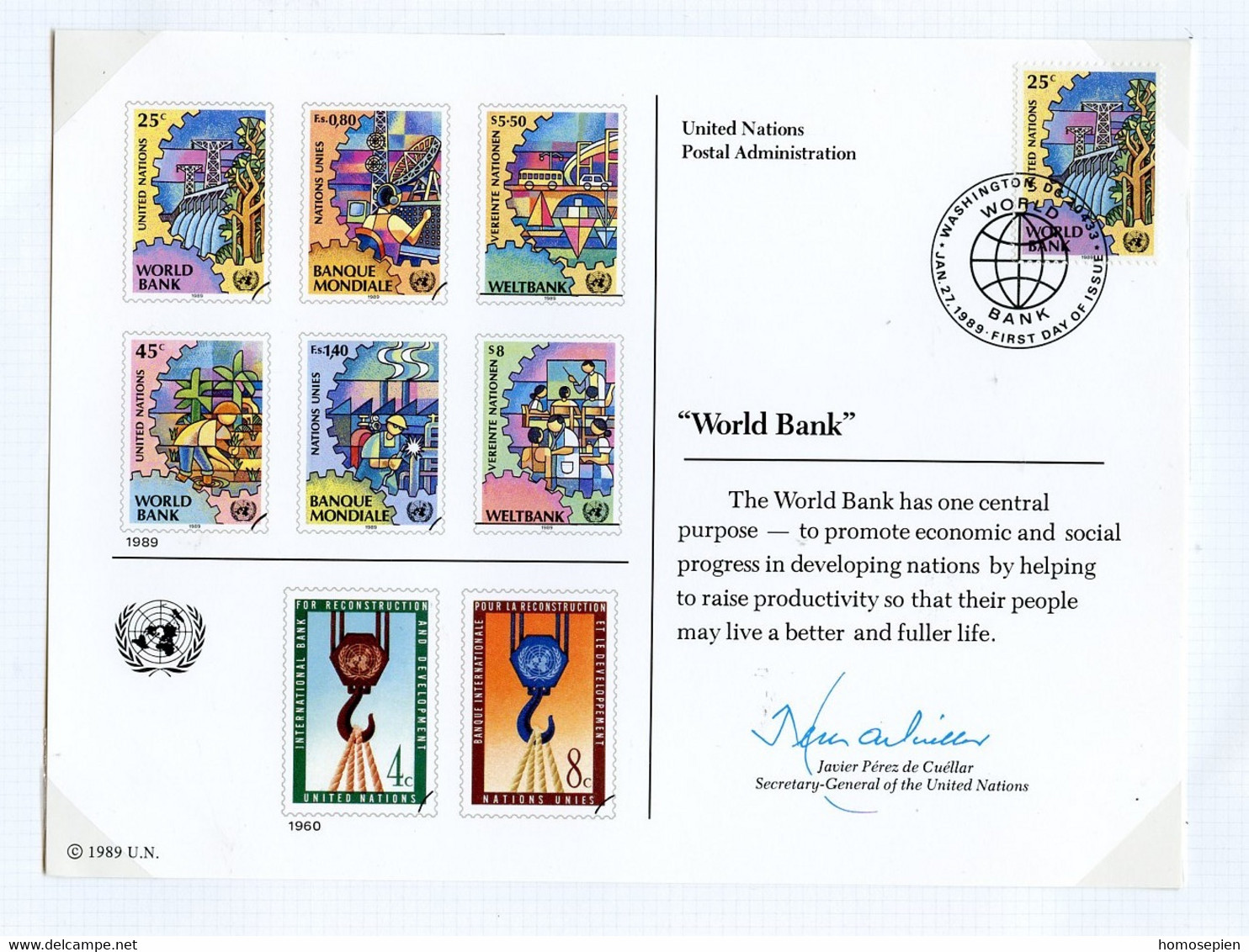 NU New York - Vereinte Nationen CM 1989 Y&T N°539 - Michel N°571 - 25c Banque Mondiale - Maximumkarten