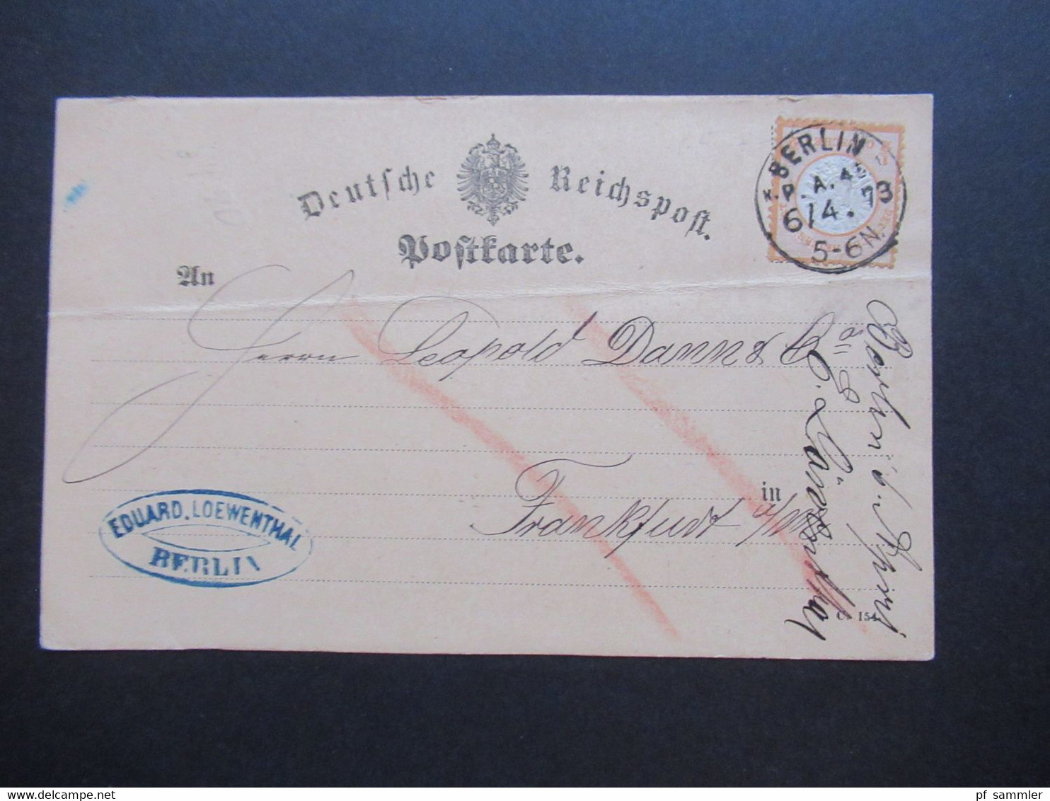 DR Reichspost Brustschild Nr.18 EF Postkarte Sauberer Stempel K1 Berlin N.1 P.A. 45 Vom 6.4.1873 Nach Frankfurt - Cartas & Documentos