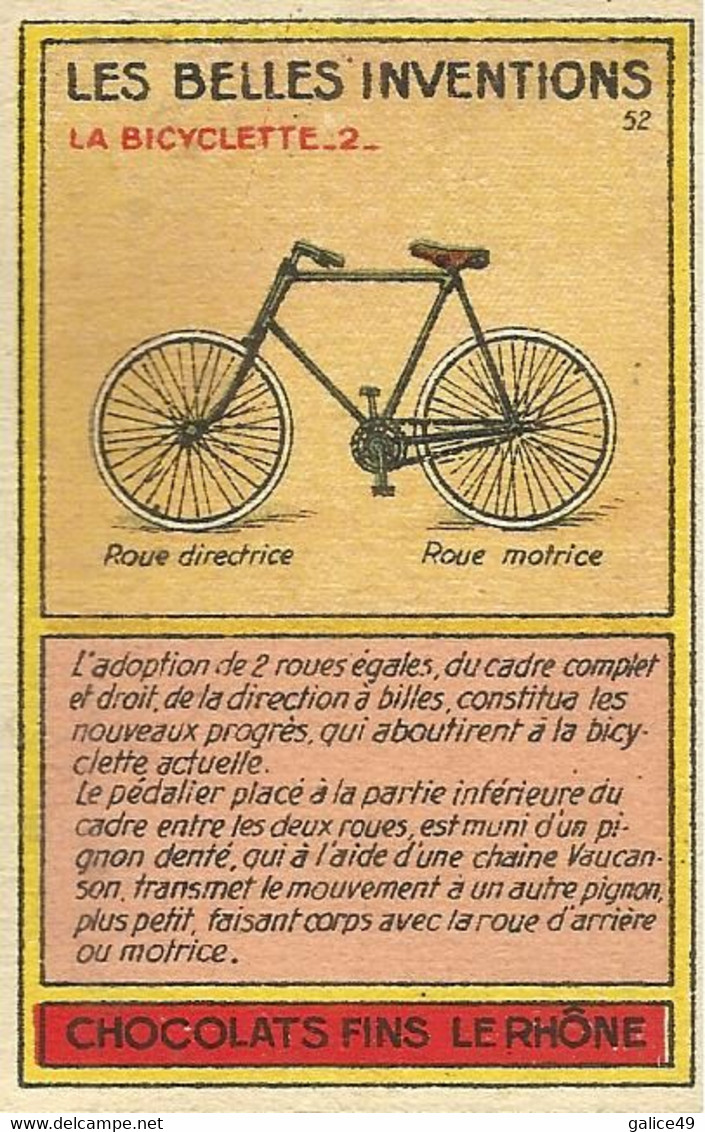 Chromo Les  Belles Inventions - Publicité Chocolat Le Rhône - La Bicyclette 2 . - Altri & Non Classificati