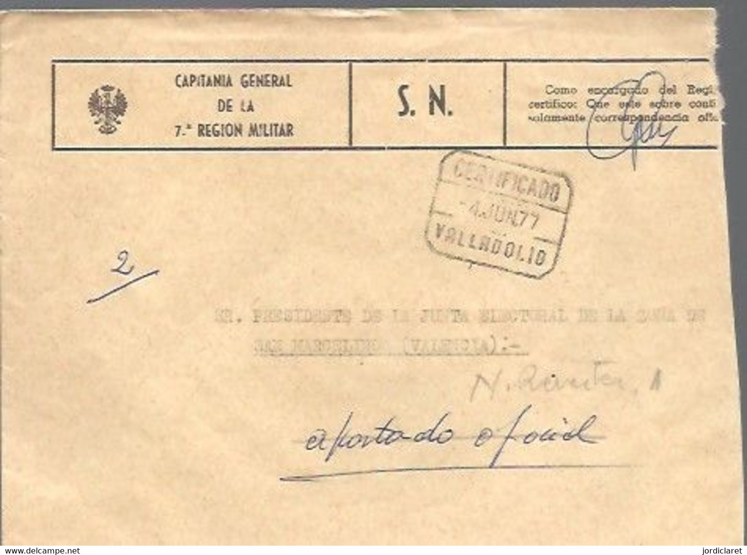 CAPITANIA  7 REGION MILITAR 1977 CERTIFICADO  VALLADOLID - Militärpostmarken