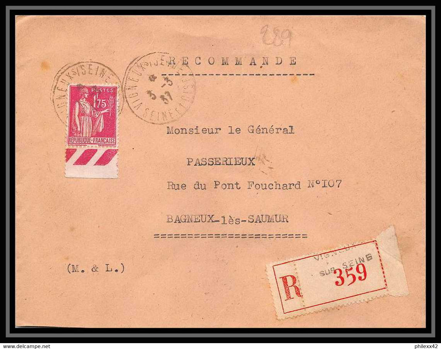 1797 Lettre (cover) Recommandé N°289 Paix Vigneux Sur Seine 03/03/1937 Seul Pour Bagneux Lès Saumur - 1921-1960: Periodo Moderno