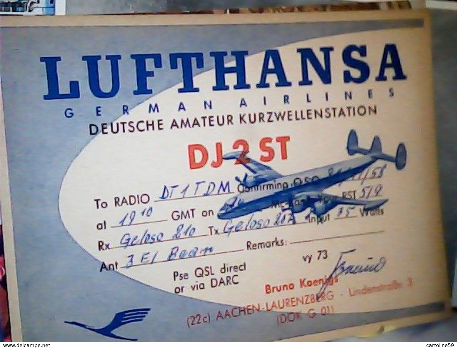 QSL CARD GERMAN   AIRLINES  LUFTHANSA AEREO AVION  LAURENZBERG 1958 IL2996 - Radio Amateur