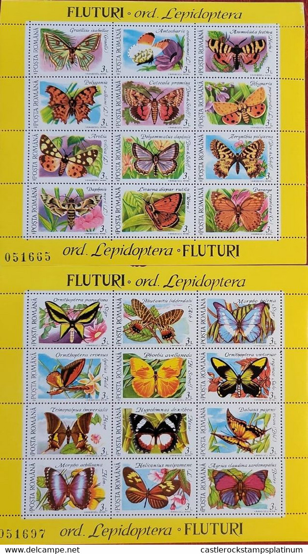 SA) ROMANIA COMPLETE SERIES OF MINT STAMPS IN LEAVES BLOCKS FLOWERS BUTTERFLIES, 2 SHEETS OF 12 STAMPS, WITH CONTROL NUM - Variétés Et Curiosités