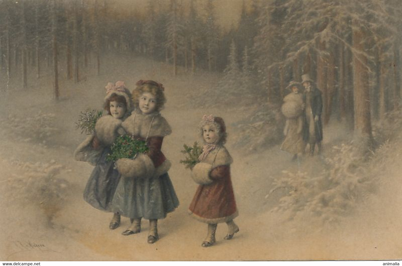 Viennoise Signed Wichera   Little Girls With Mistletoe And Holy. Gui Et Houx Noel . Petites Filles MM Vienne 789 - Wichera