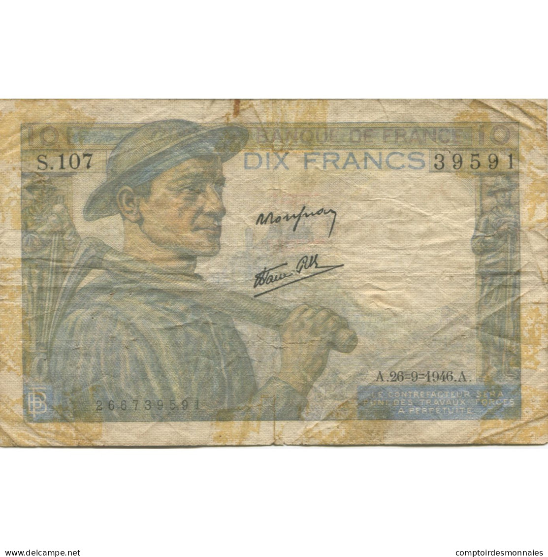 France, 10 Francs, 1946, 1946-09-26, AB+, Fayette:8.15, KM:99e - 10 F 1941-1949 ''Mineur''
