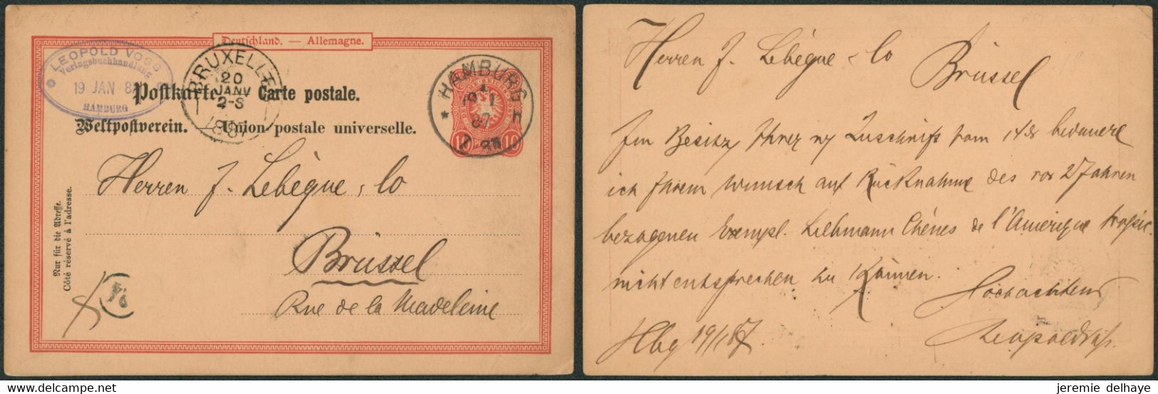 EP Allemand 10 Penning Rouge Expédié De Hamburg (1887) > Brussel, Bruxelles + Cachet Arrivée "Bruxelles I" (à Batonnet) - Rural Post