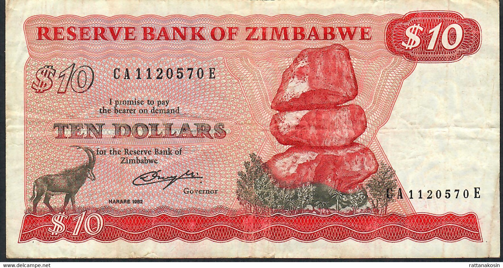 ZIMBABWE P3c 10 DOLLARS  1982 HARARE #CA/E  RARE AVF FOLDS NO P.h. - Zimbabwe