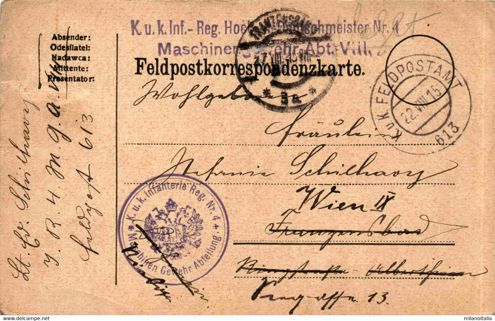 Feldpostkorrespondenzkarte * 22. 8. 1915 - Guerre 1914-18