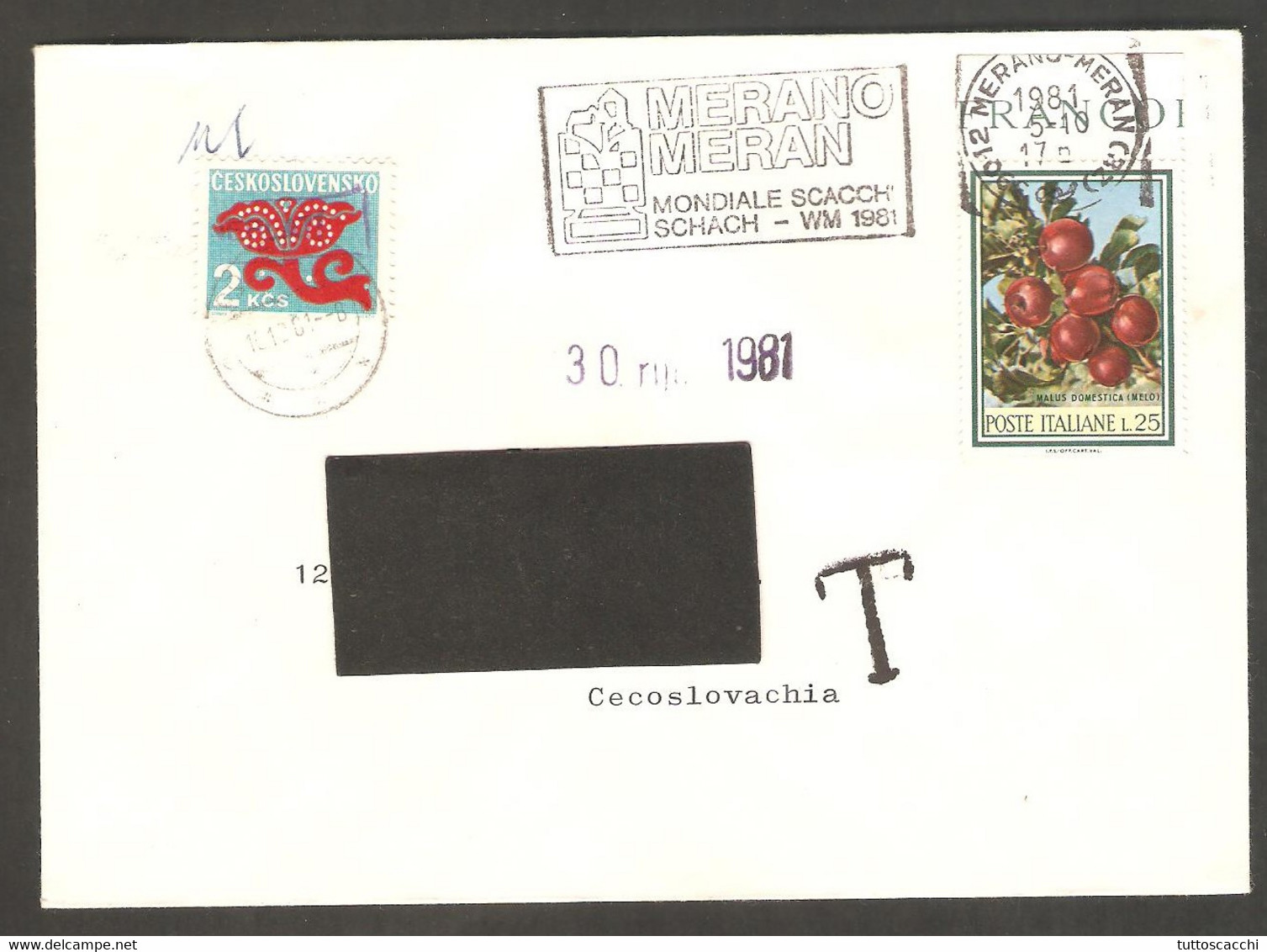 Italy 1981 Merano - Meter Chess Cancel On Envelope, Traveled To Praha - Echecs