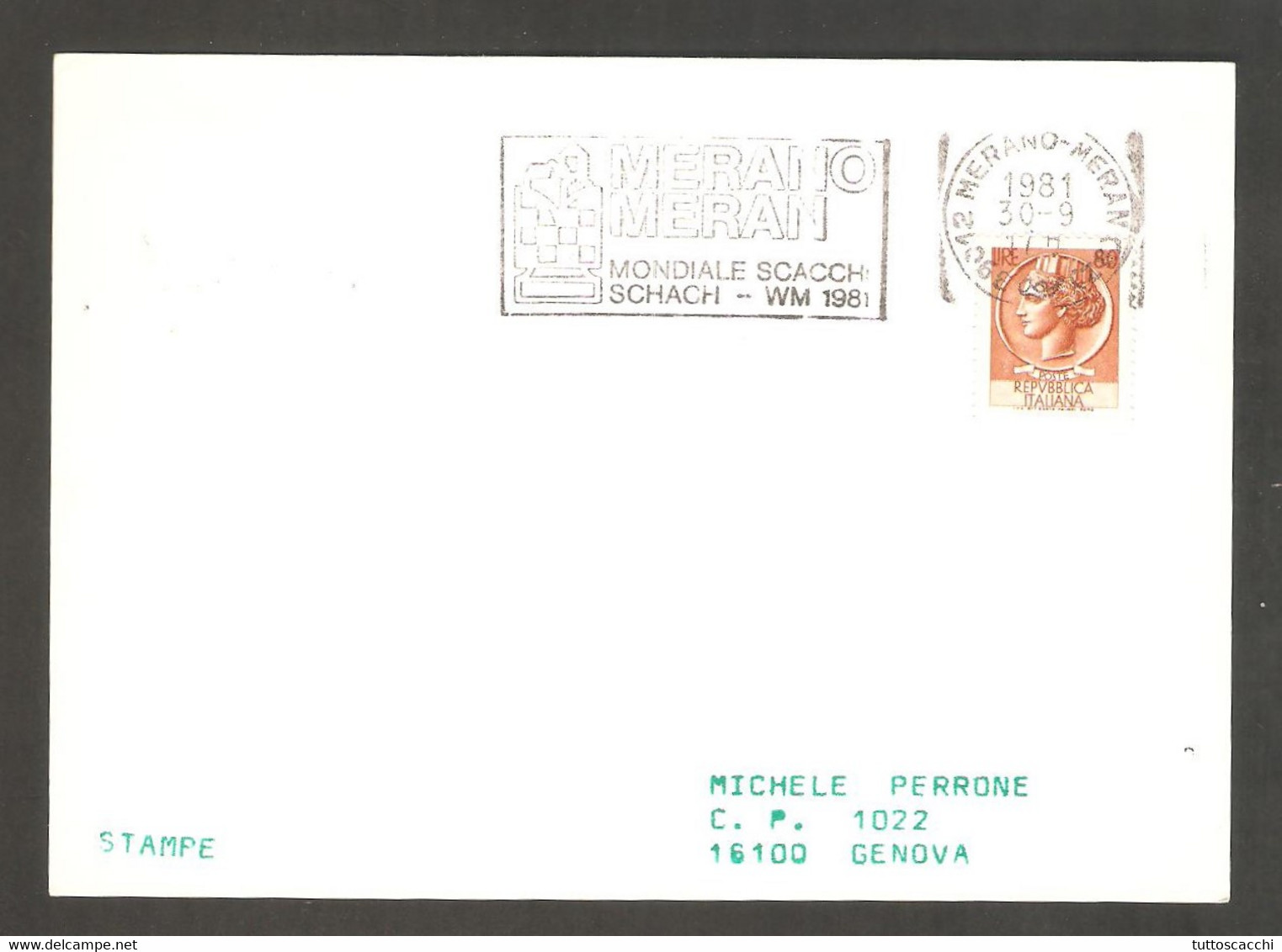 Italy 1981 Merano - Meter Chess Cancel On Card - Echecs