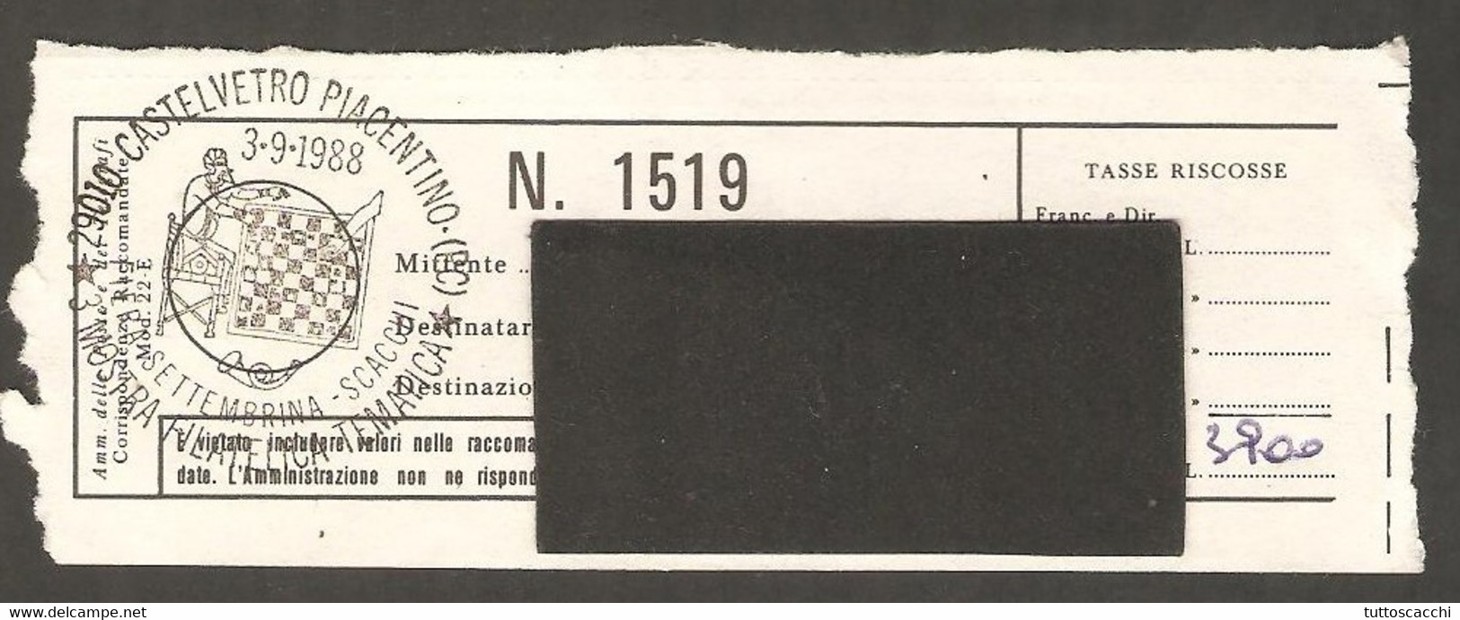 Italy 1988 Castelvetro Piacentino - Chess Cancel On Registered Envelope + Receipt - Echecs