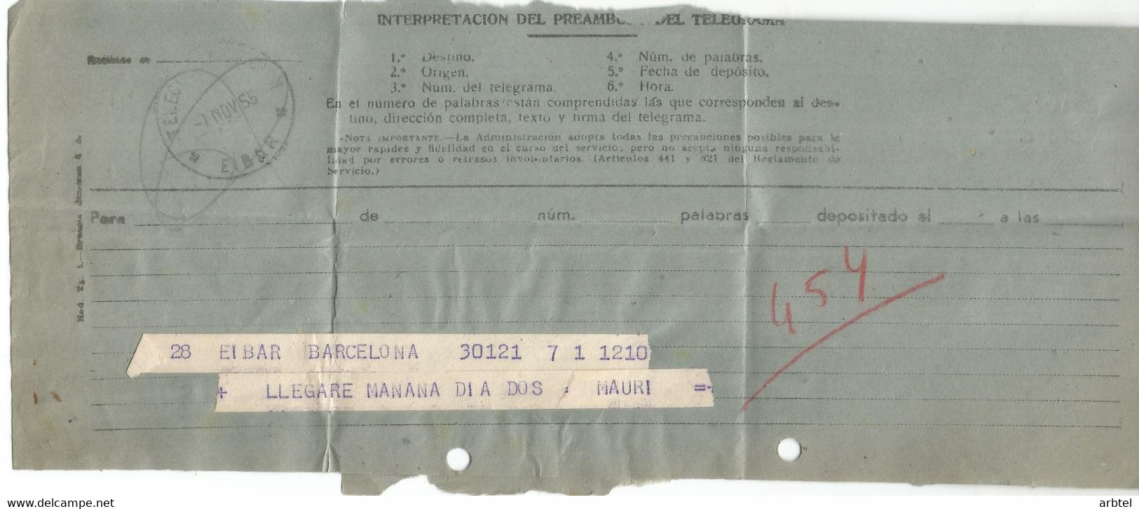 TELEGRAMA DE BARCELONA A EIBAR FABRICA DE ARMAS STAR MAT TELECOMNUNICACIONES GUN FACTORY - Telegramas