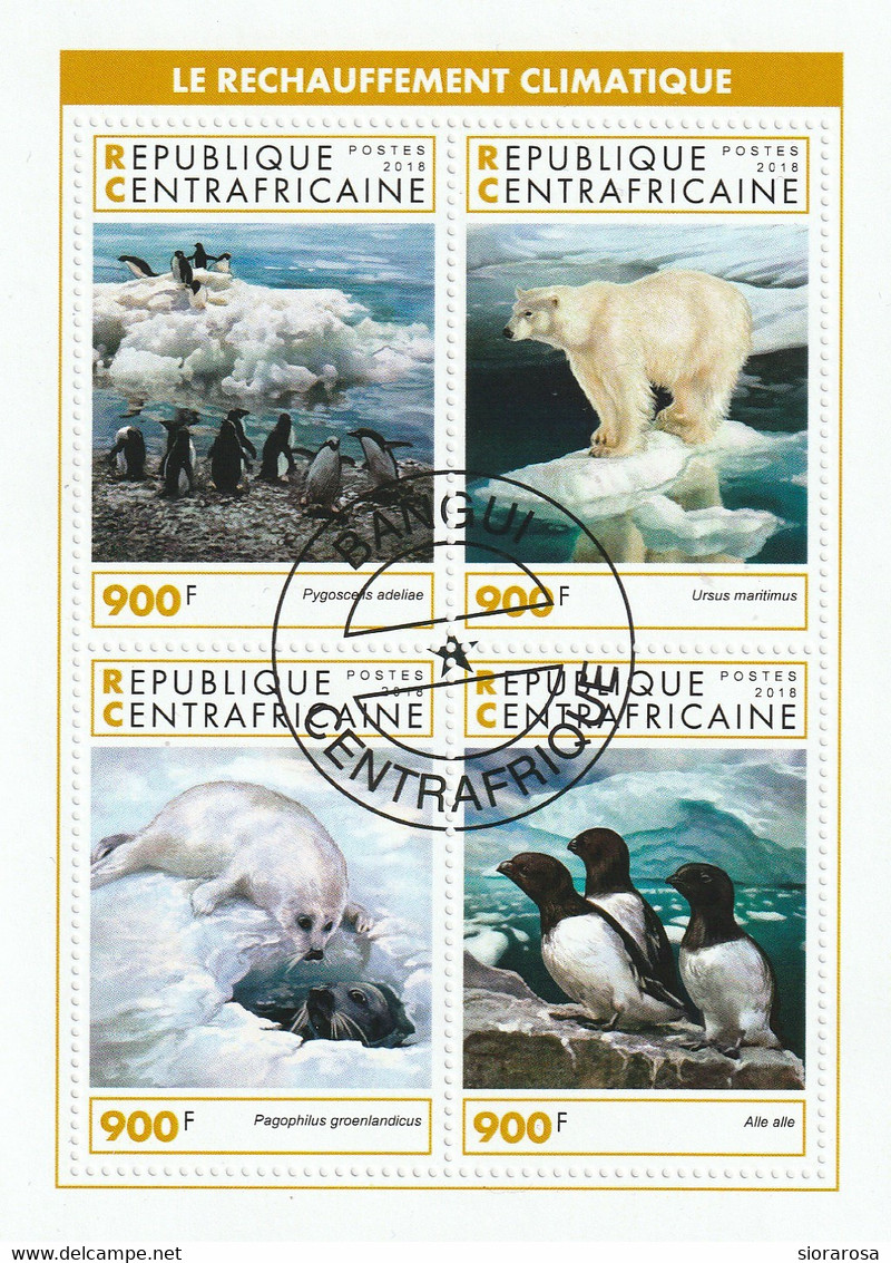 Repubblica Centrafricana 2018 - Riscalamento Climatico - Orso Polare, Foca Sella, Pinguino - CTO - Preservare Le Regioni Polari E Ghiacciai